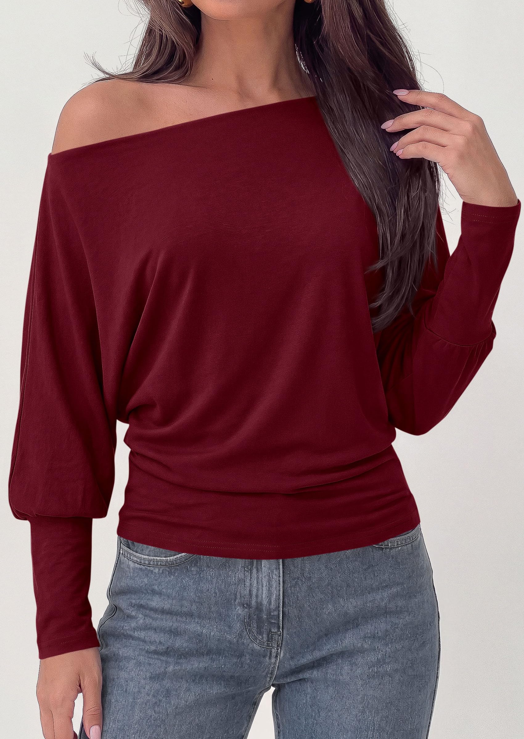 Womens Off The Shoulder Batwing Long Sleeve Top,Wine Red,S