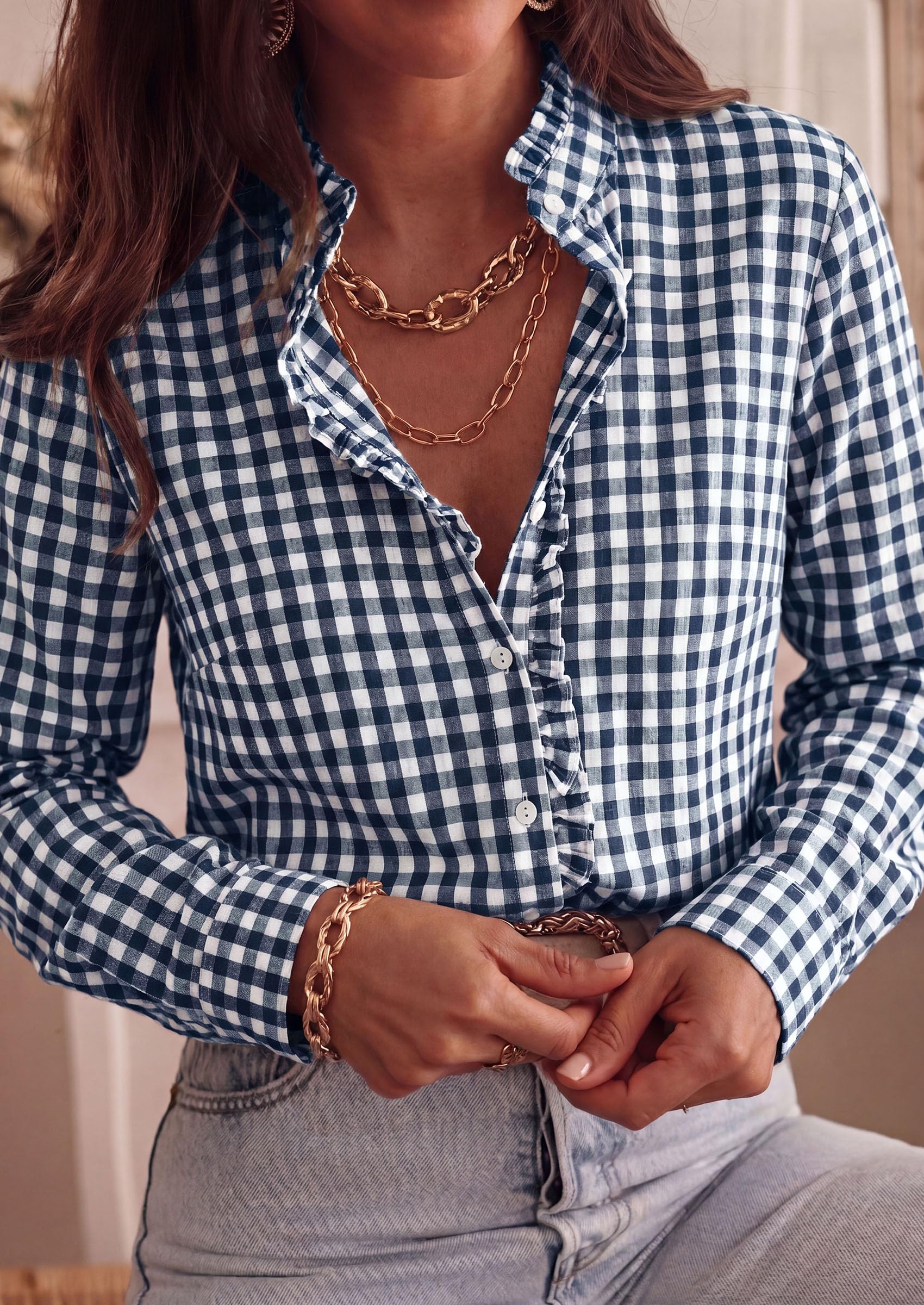 Womens Long Sleeve Button Down Shirts,Navy White,S