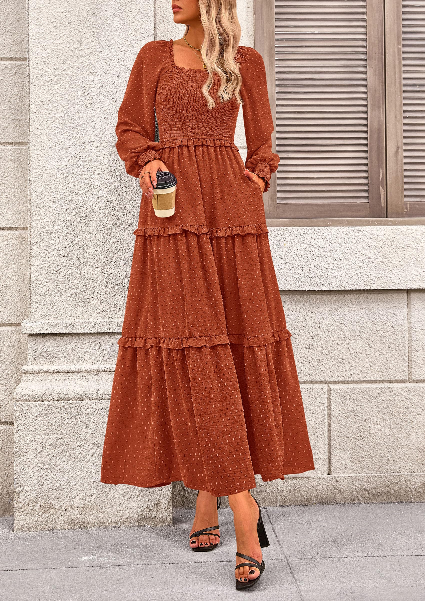 Women's Smocked Long Sleeve Maxi Dress Wedding Guest Dresses