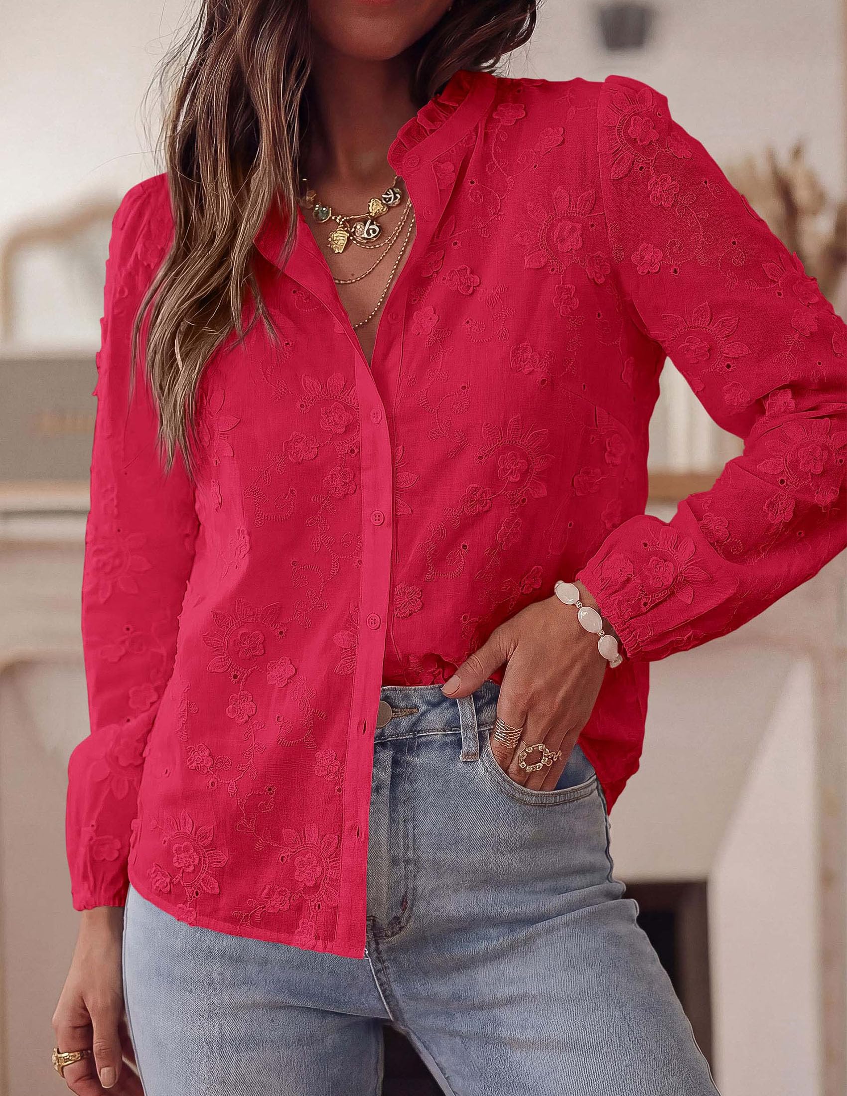 Women's Floral Embroidered Button Down Shirts Work Blouses