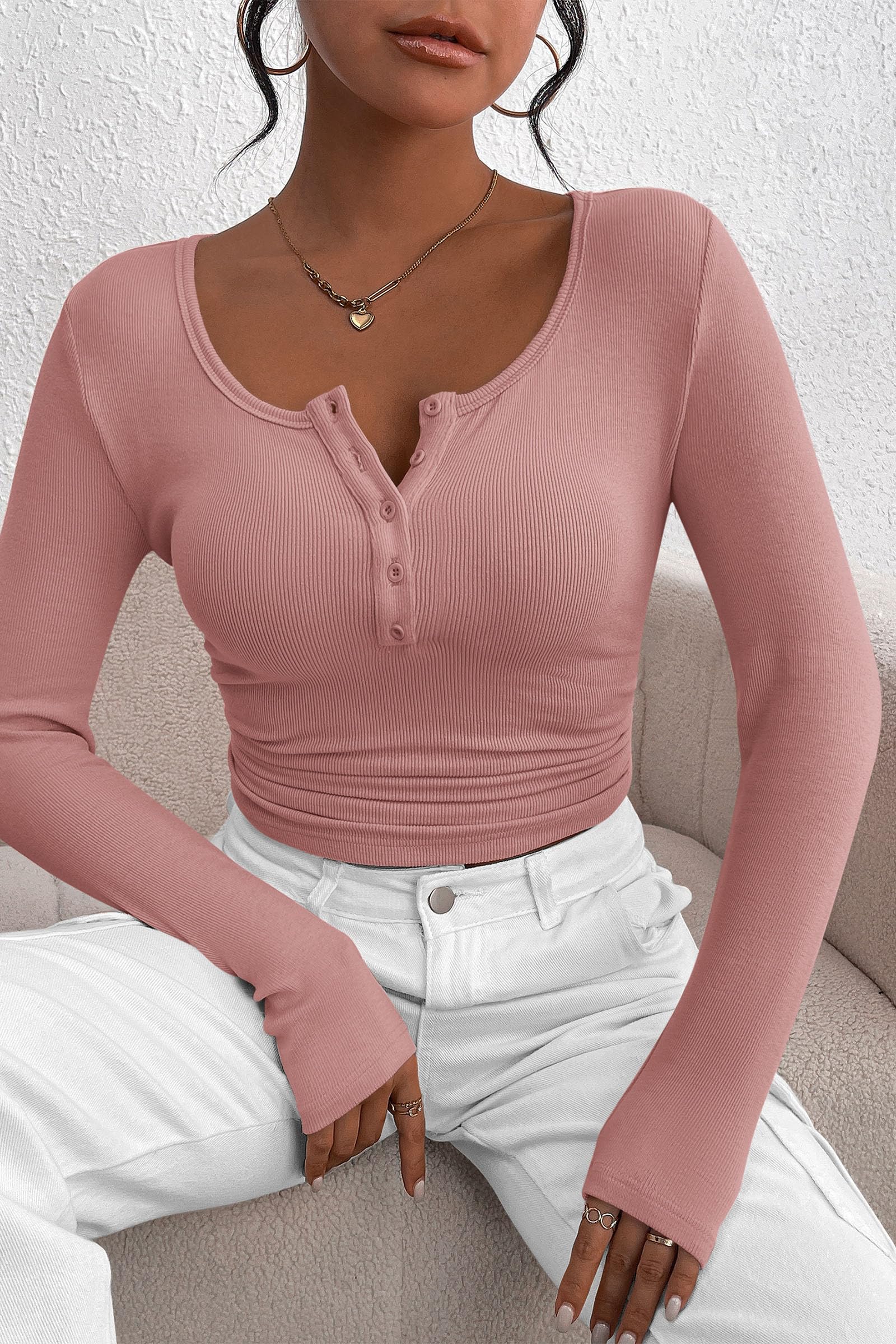 Women's Fall Long Sleeve Henley T Shirts Dusty Pink