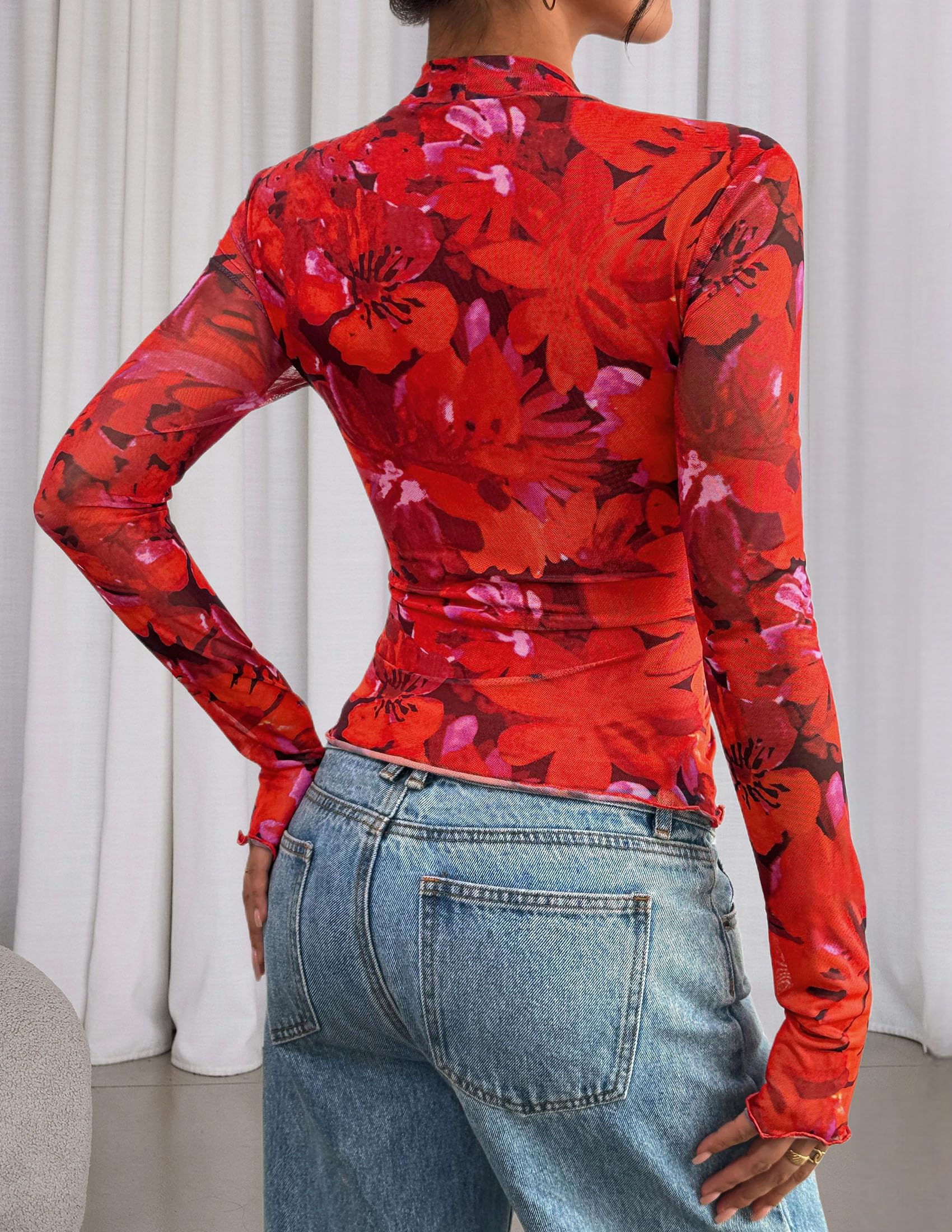 Womens Floral Mesh Long Sleeve Tops Fall Slim Fitted Shirts