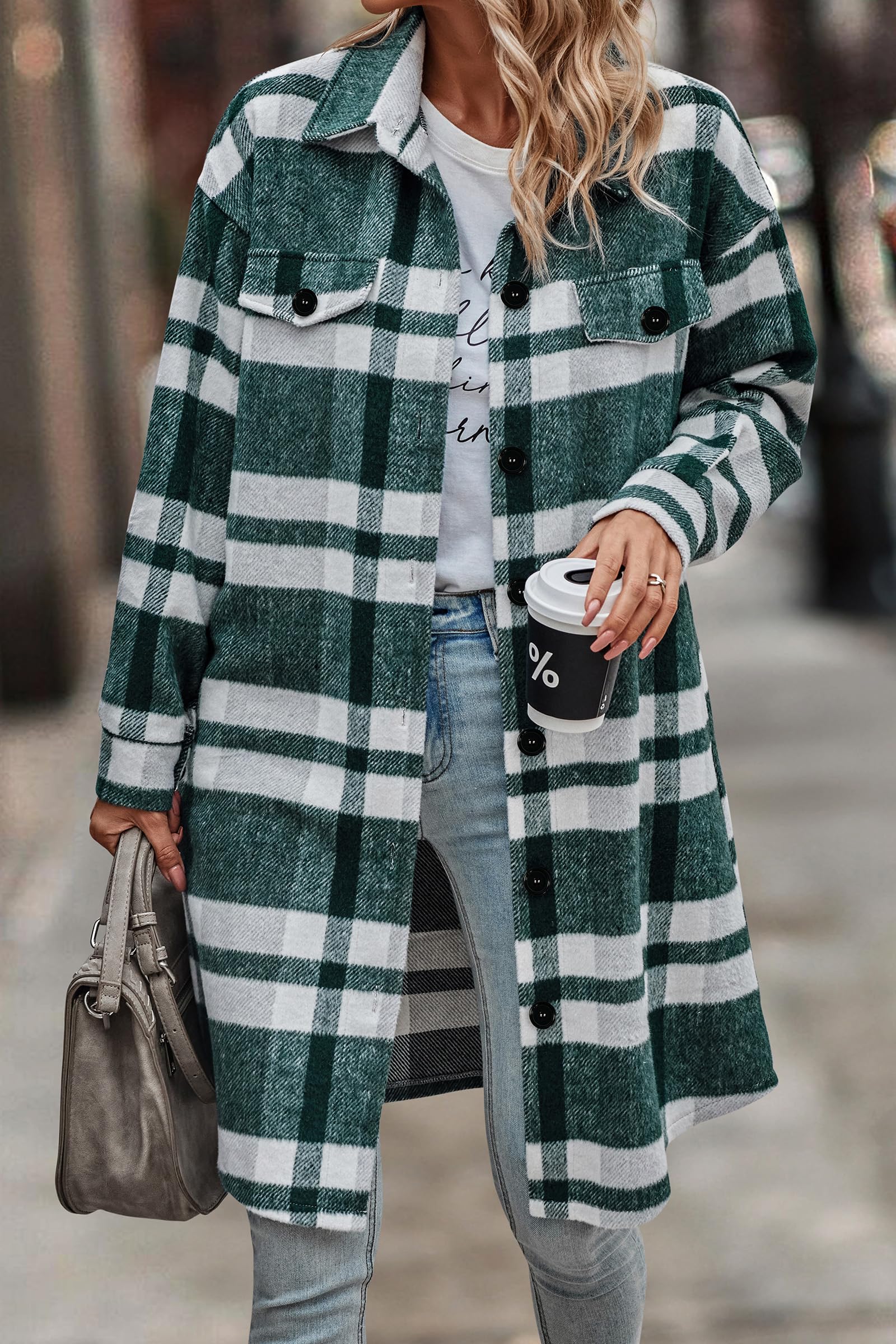 Womens Plaid Shacket Jacket Flannel Shirts,Plaid Dark Green,S