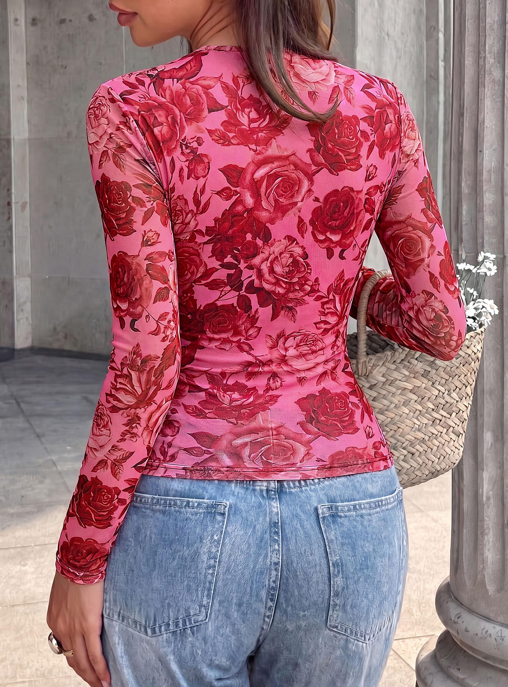 Womens Mesh Wrap Dressy Top Floral V Neck Long Sleeve Shirts