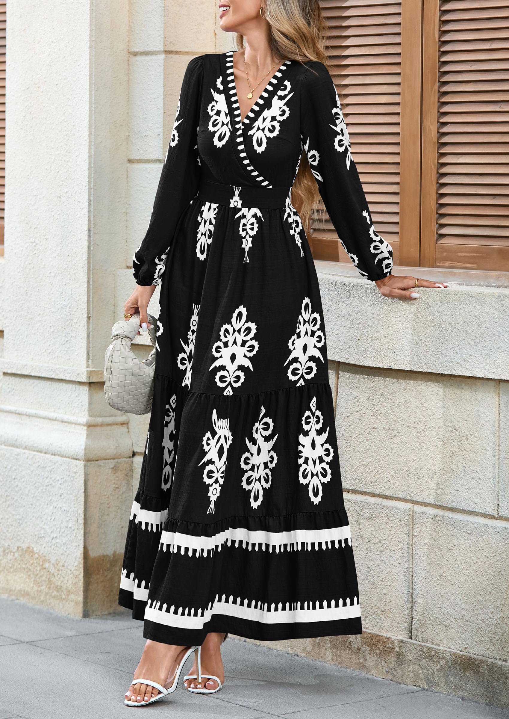 Women's Long Sleeve Floral Boho Maxi Wedding Guest Dress