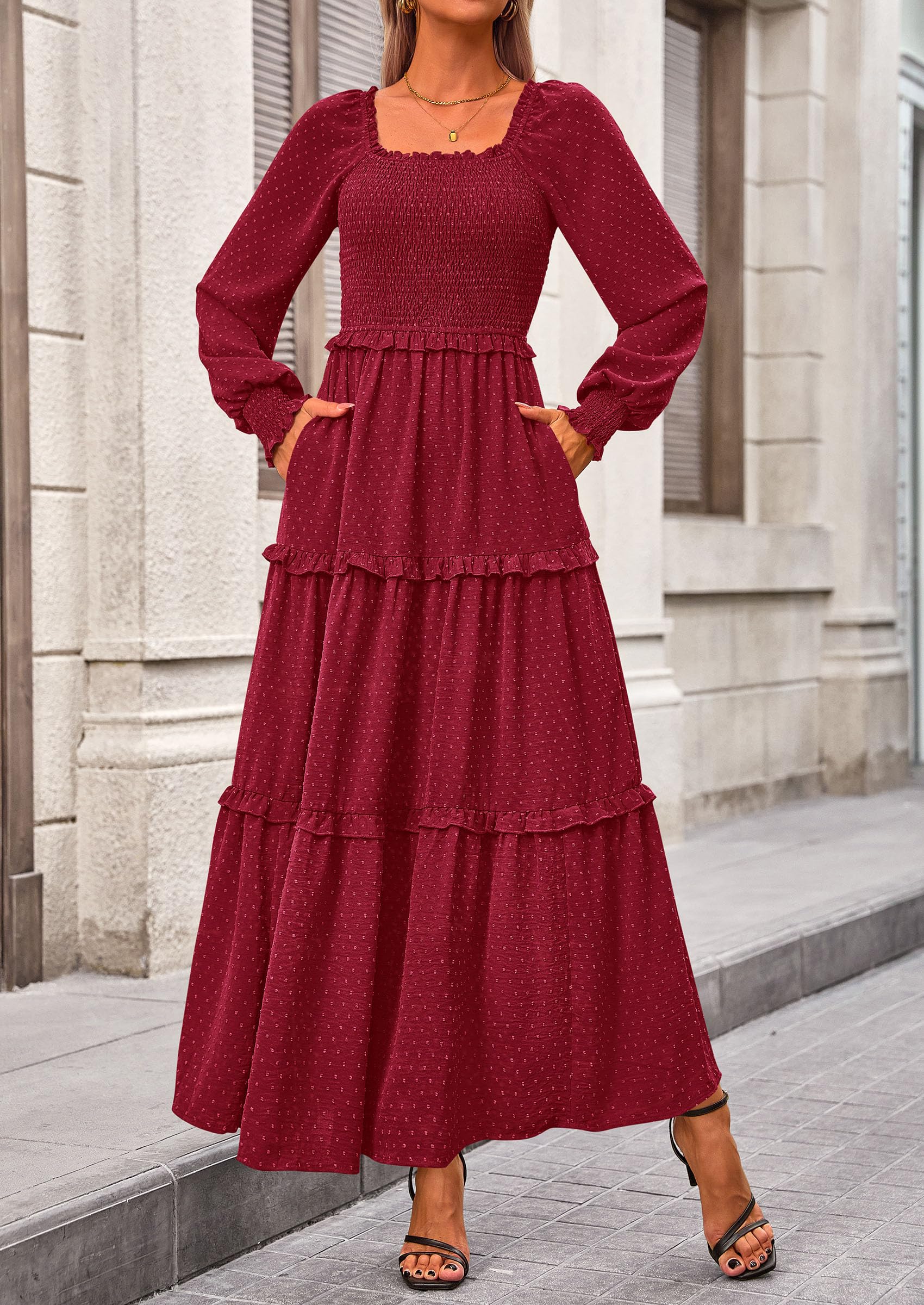 Women's Smocked Long Sleeve Maxi Dress Wedding Guest Dresses