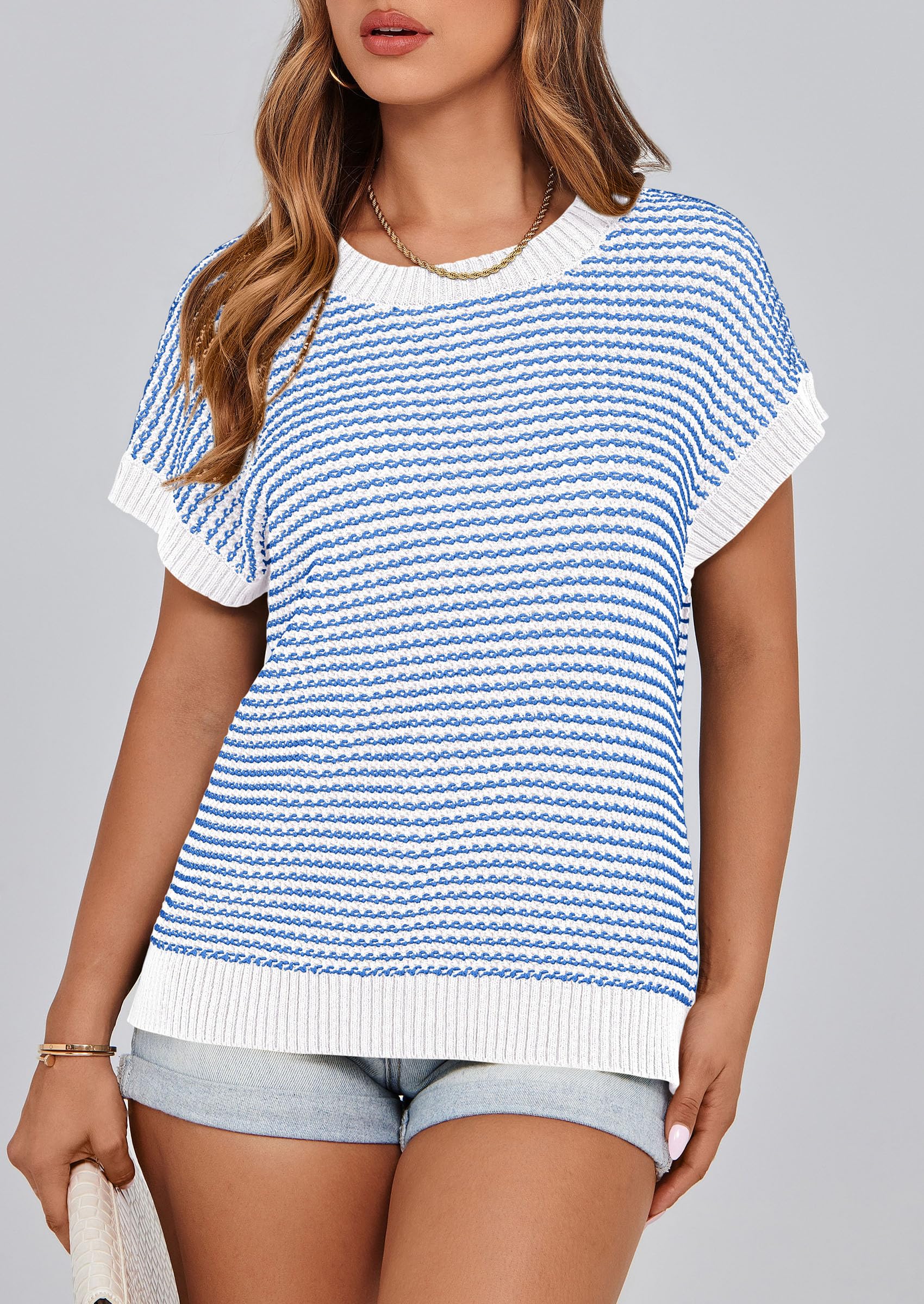 Women's Striped Short Sleeve Sweater Vest Blue,S