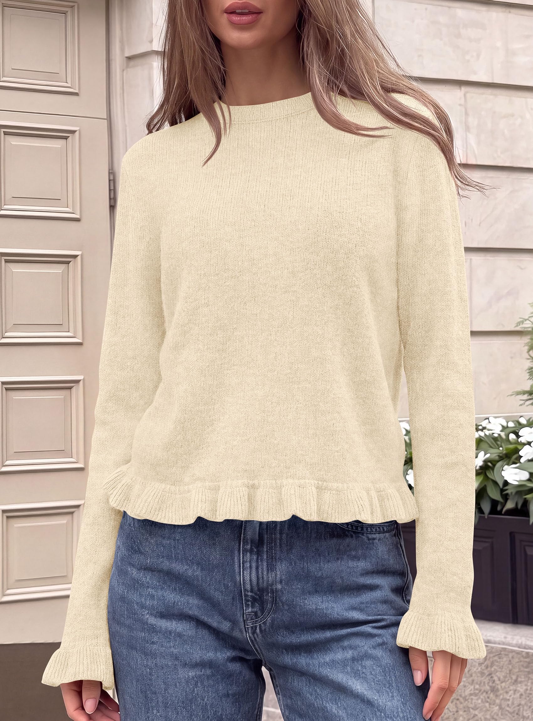 Women's Ruffle Sweaters Fall Fashion Cozy Knit Pullover Beige