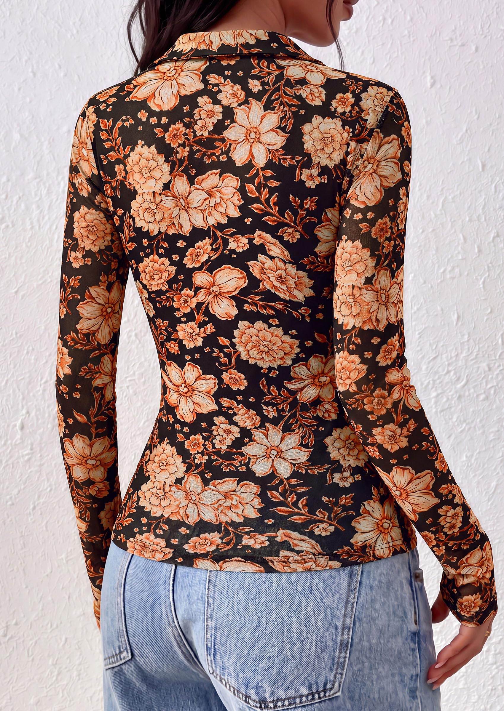 Women's Long Sleeve Boho Floral Mesh Tops Fall V Neck Blouses