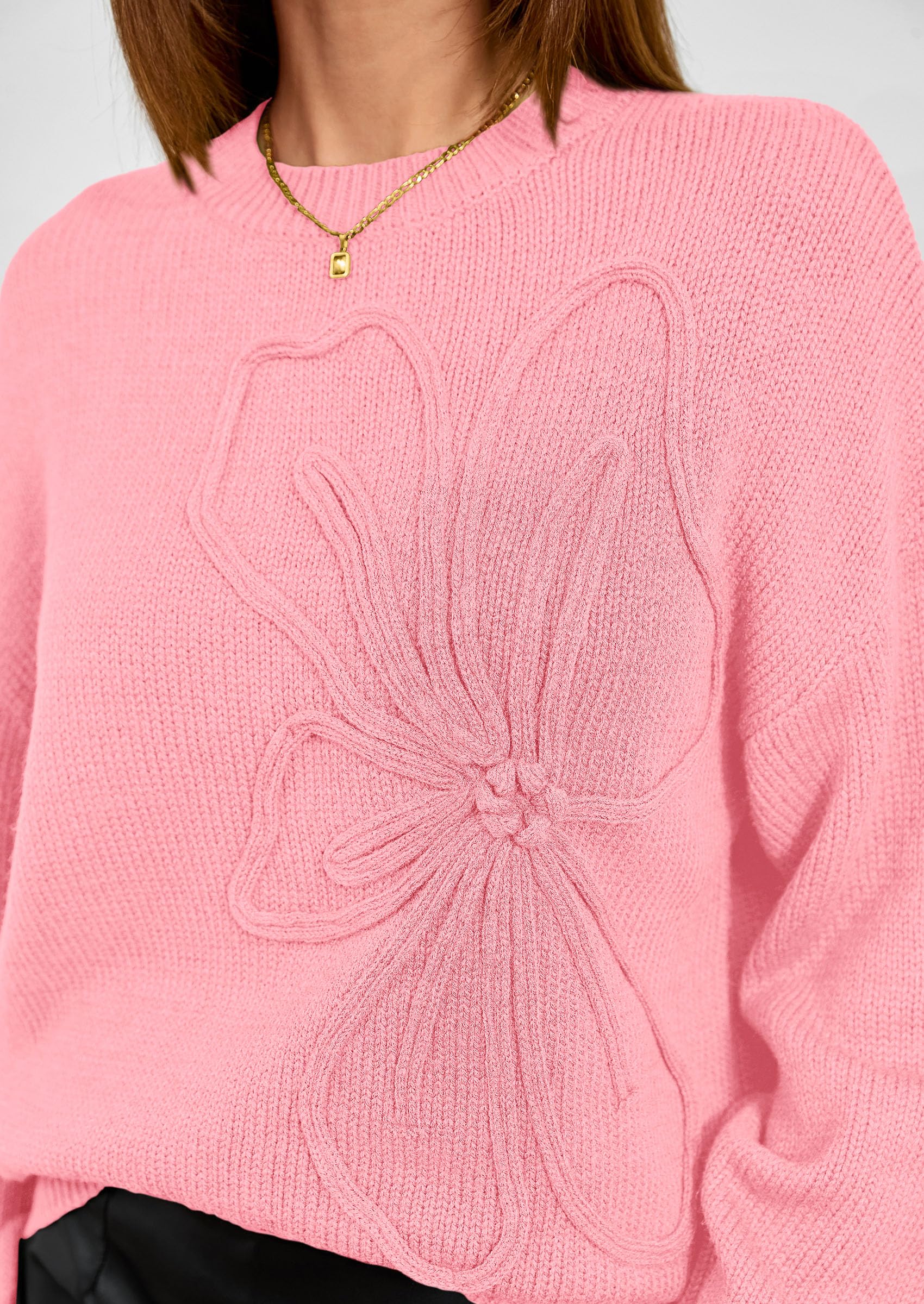 Women's Oversized 3D Floral Knit Sweater,Pink,S