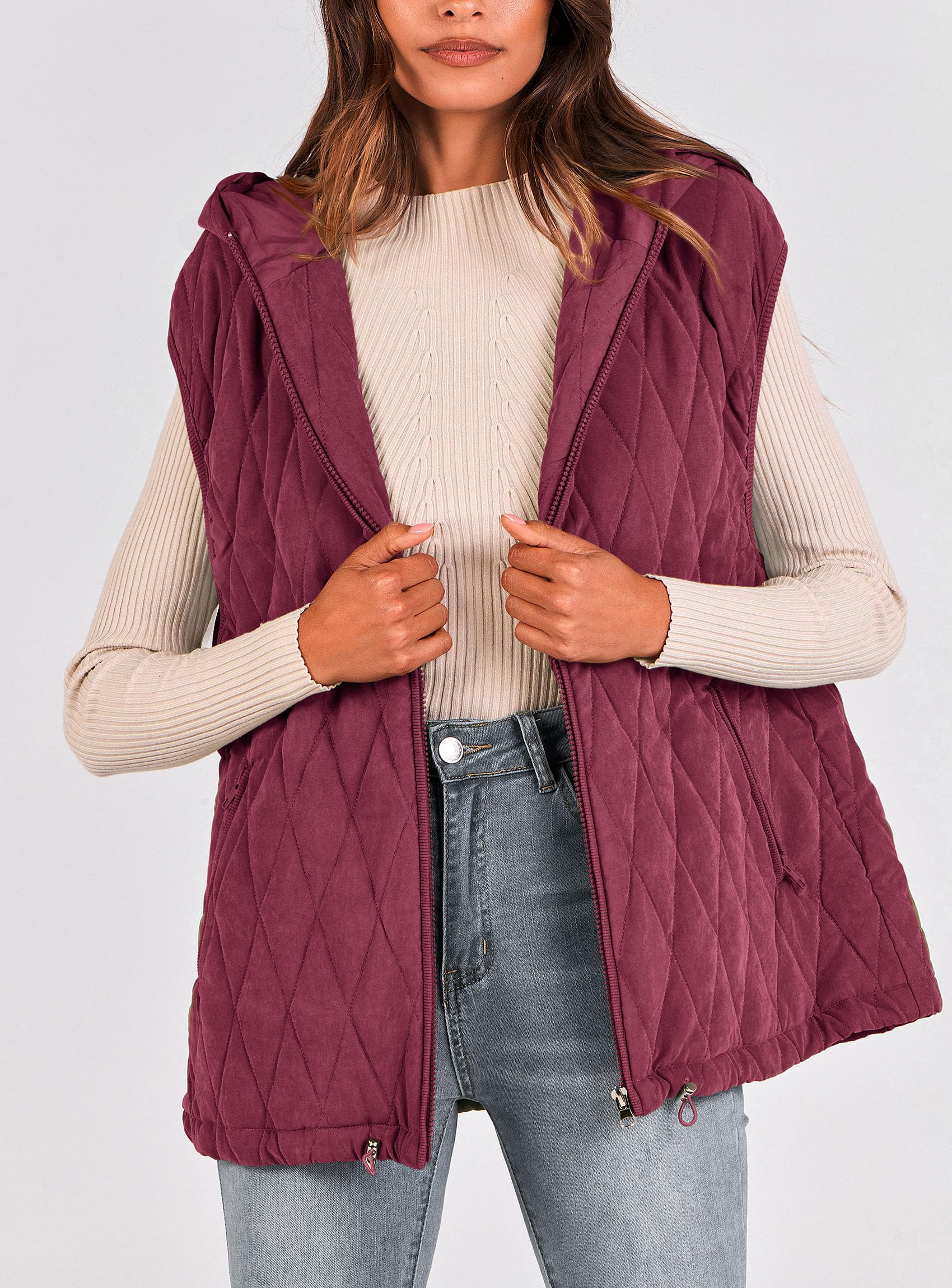 Women's Fall Fashion Vest Zip Up Jacket(Wine Red,Small)