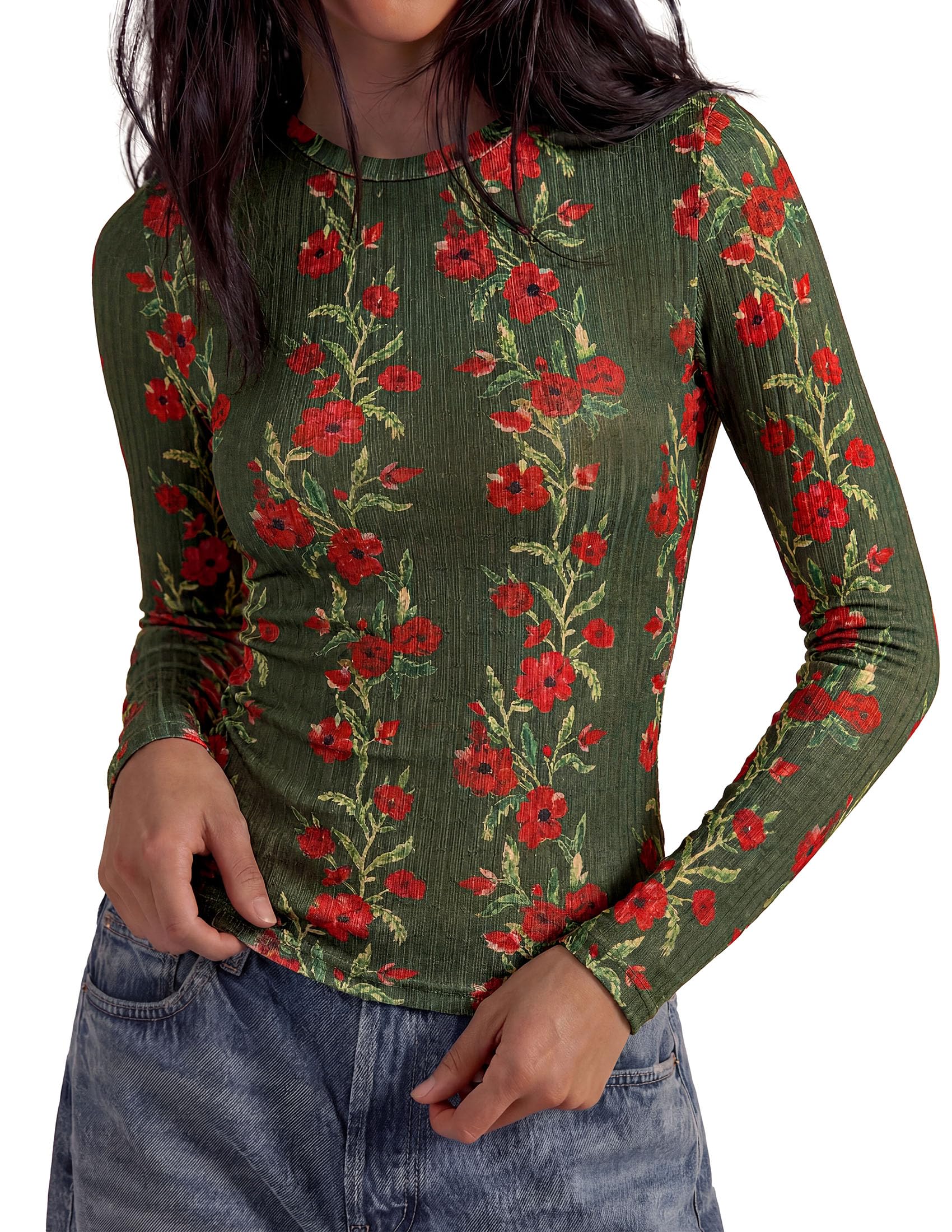 Womens Long Sleeve Shirts Floral Y2K Tops,Army Green,XS