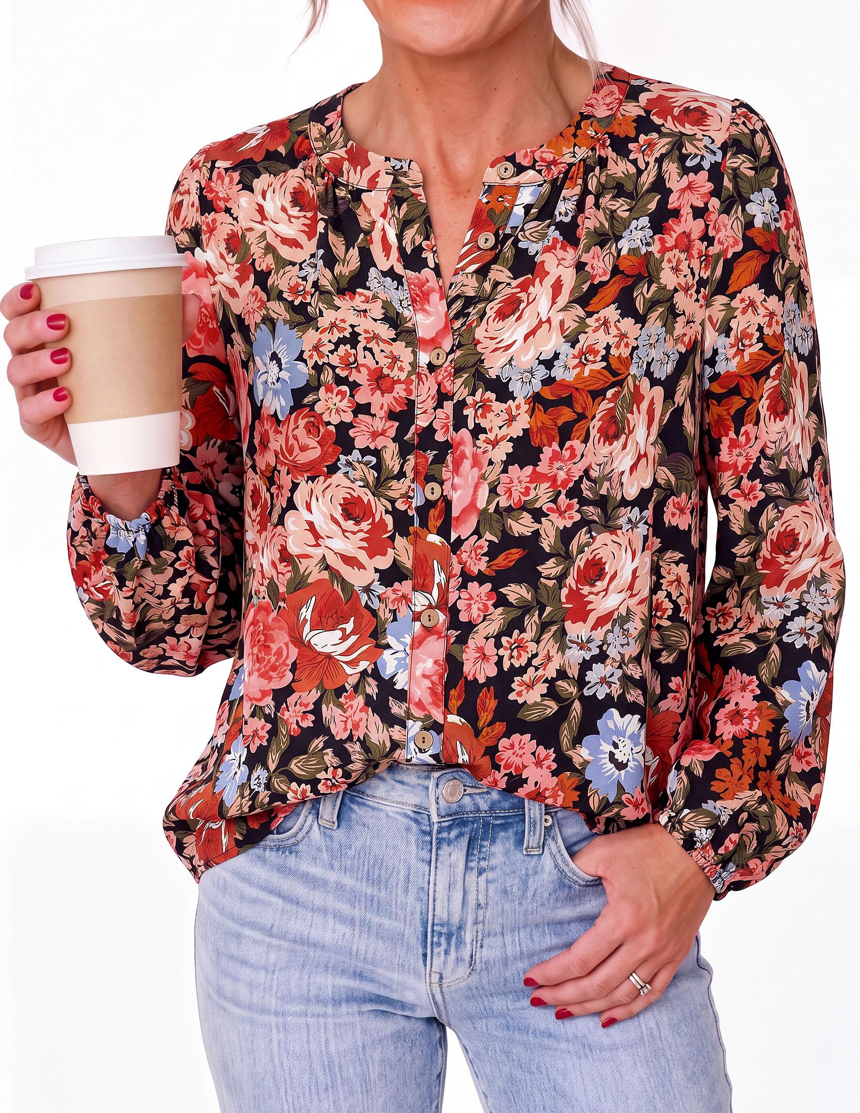 Women's Boho Tops Fall Long Sleeve Button Down Floral Blouses