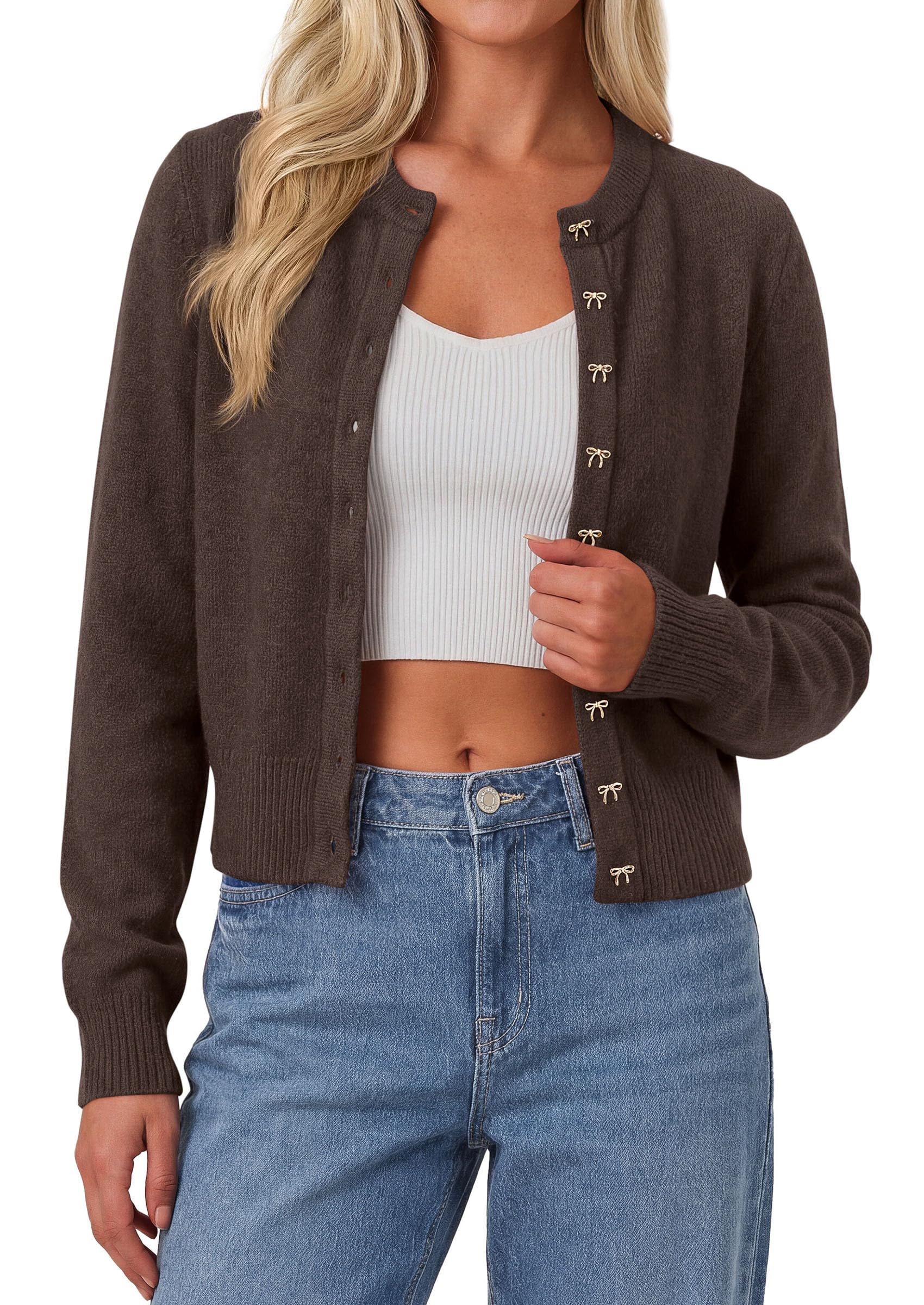 Cardigan Sweaters for Women Cropped Bow Button Up Cardigan