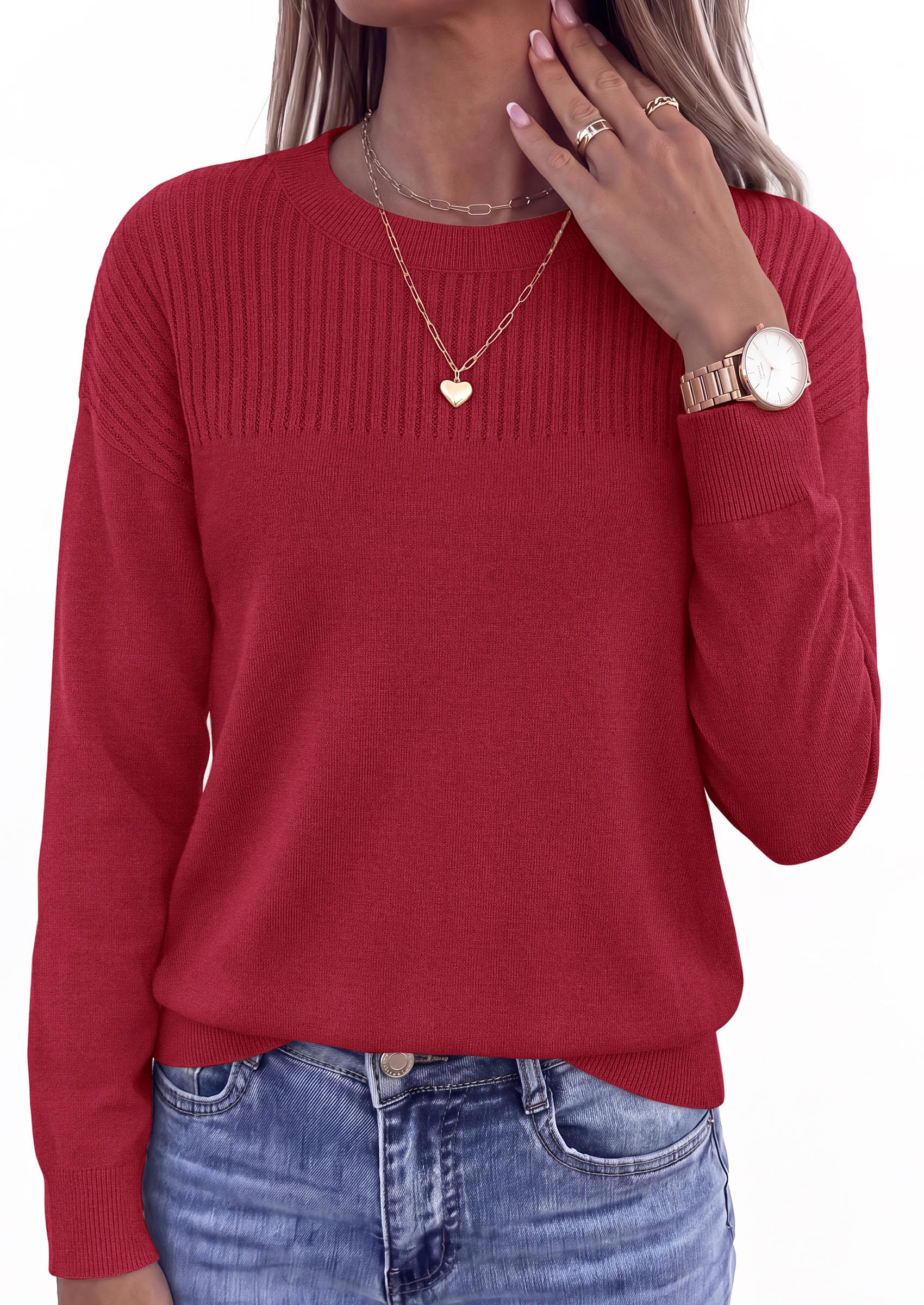 Sweaters for Women Fall Crewneck Knit Cropped Sweater Burgundy