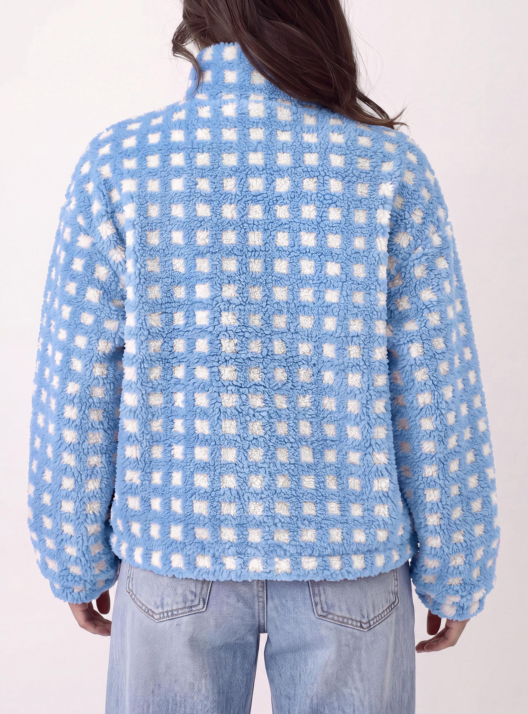 Women's Gingham Sherpa Fleece Jacket Plaid Cropped Teddy Coat