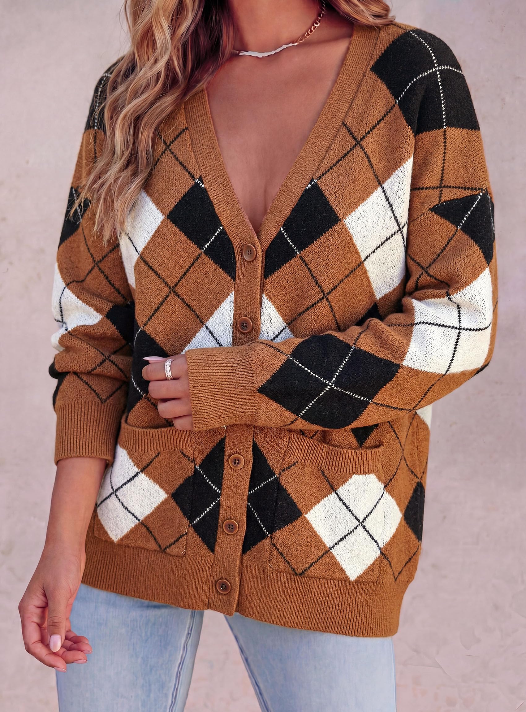 Women's Cardigan Argyle Winter Sweaters (Plaid Brown,S)