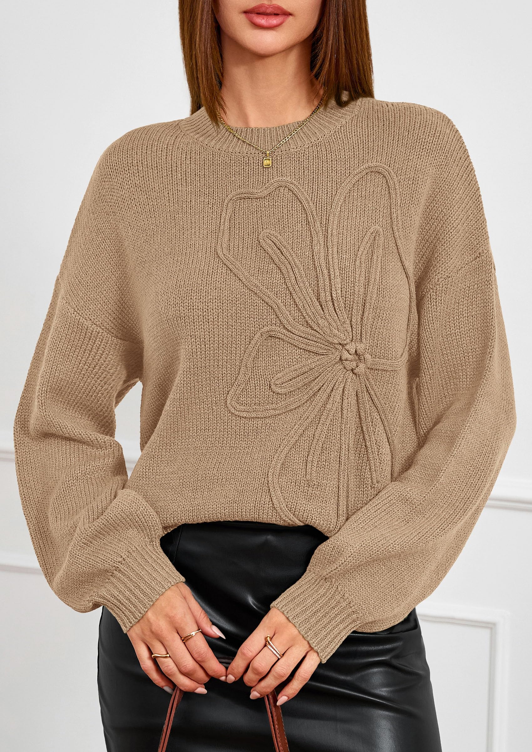 Women's Oversized 3D Floral Knit Sweater,Khaki,M