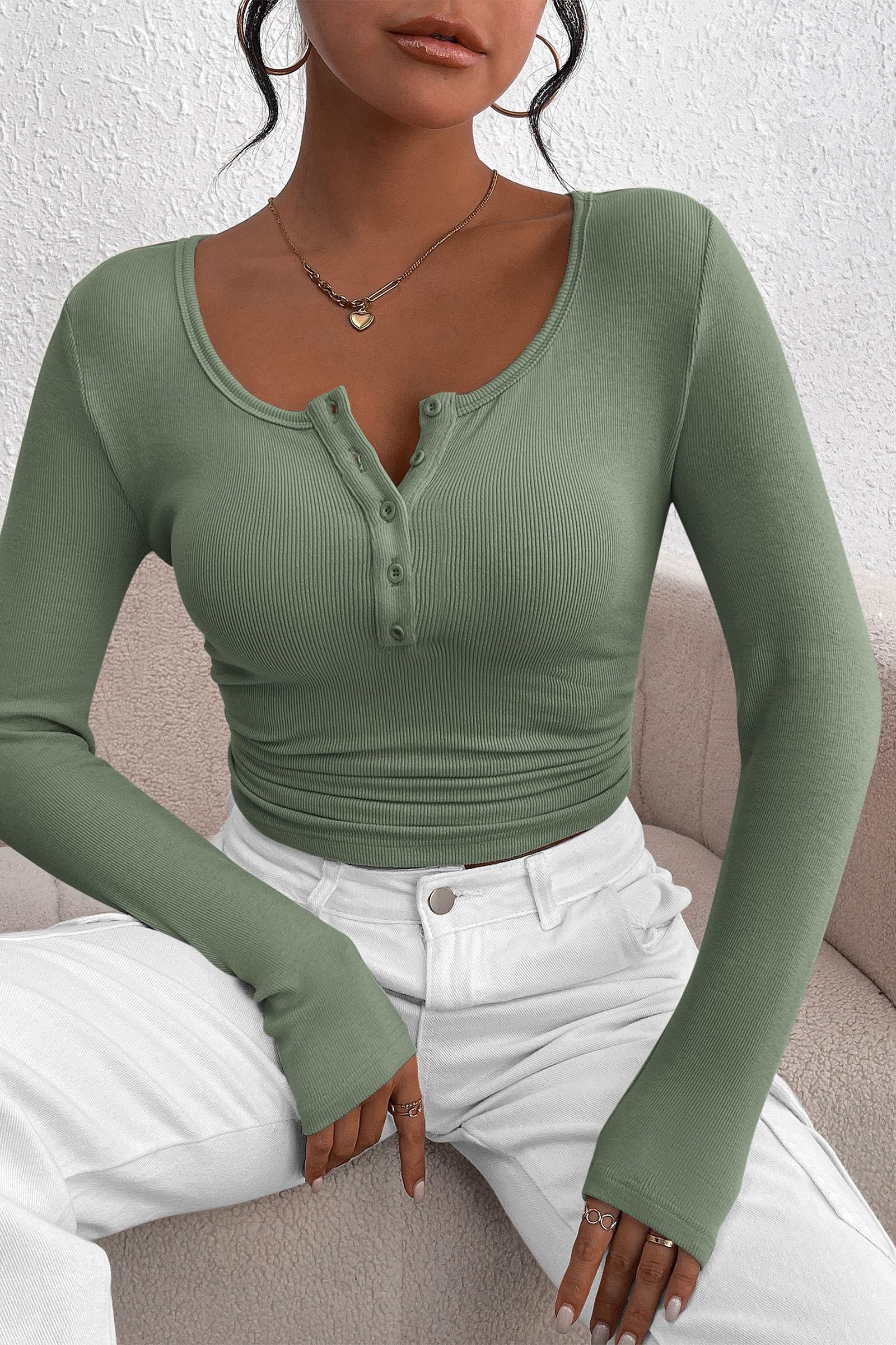 Women's Fall Long Sleeve Henley T Shirts Sage Green