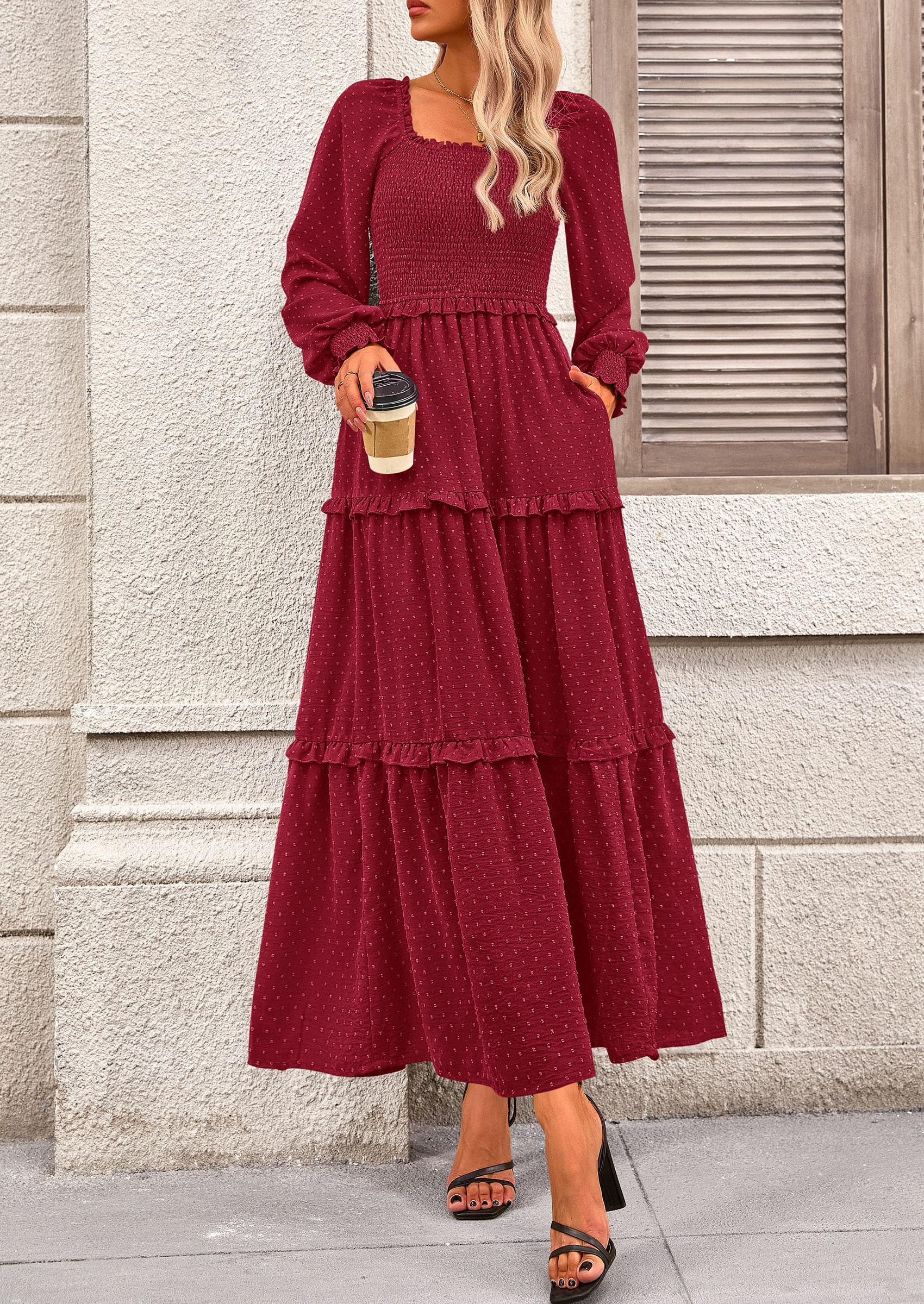 Women's Smocked Long Sleeve Maxi Dress Wedding Guest Dresses