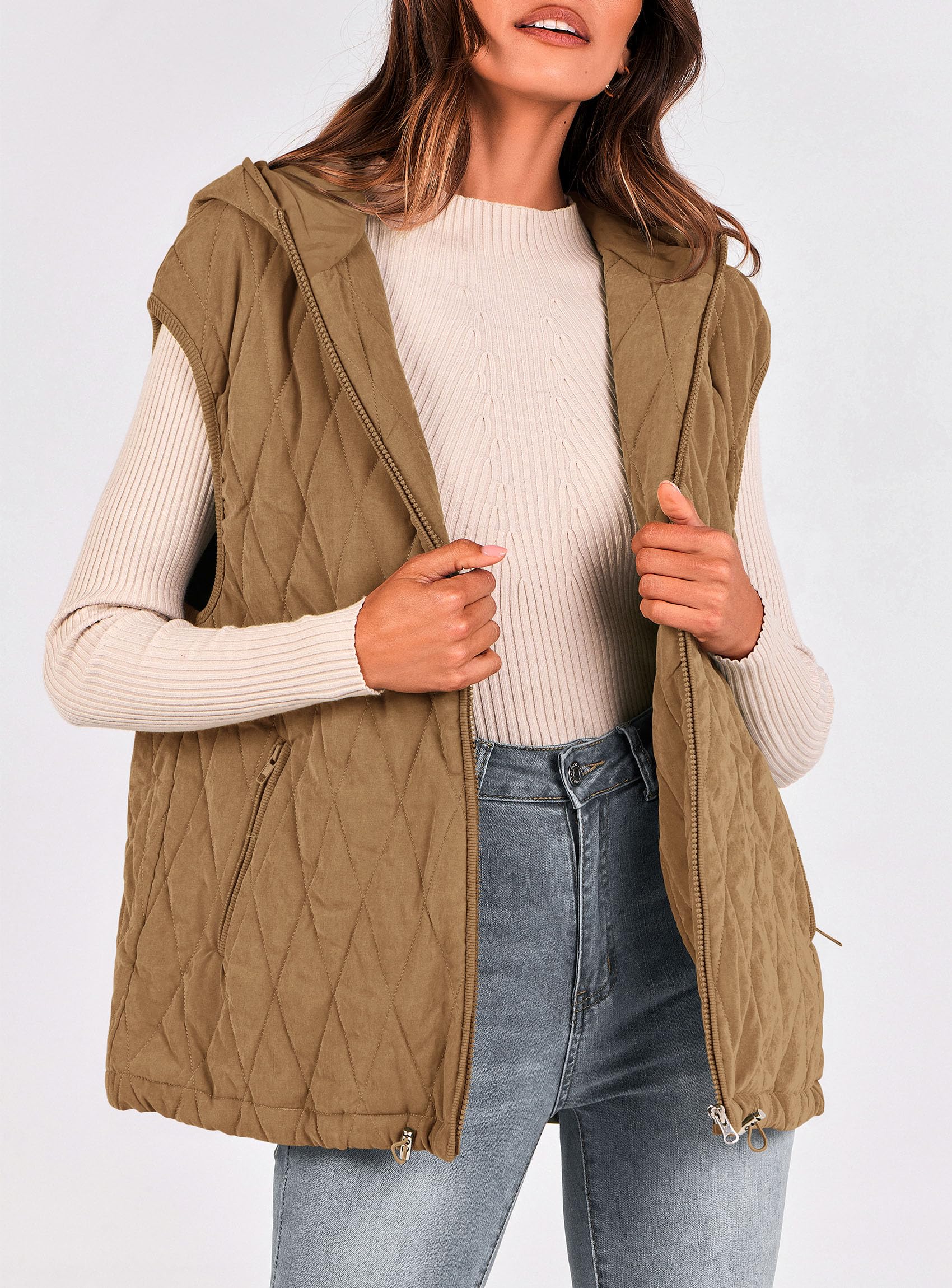 Women's Fall Fashion Vest Zip Up Jacket(Camel,Large)