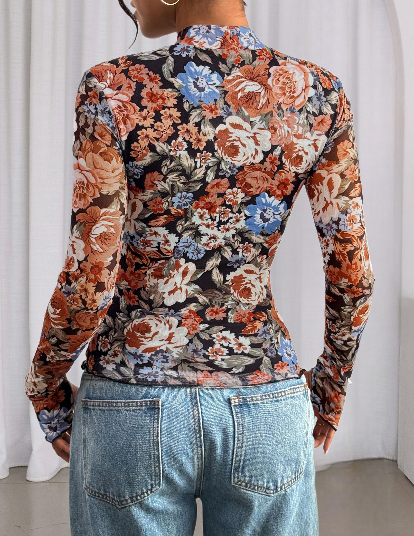Womens Floral Mesh Long Sleeve Tops Fall Slim Fitted Shirts