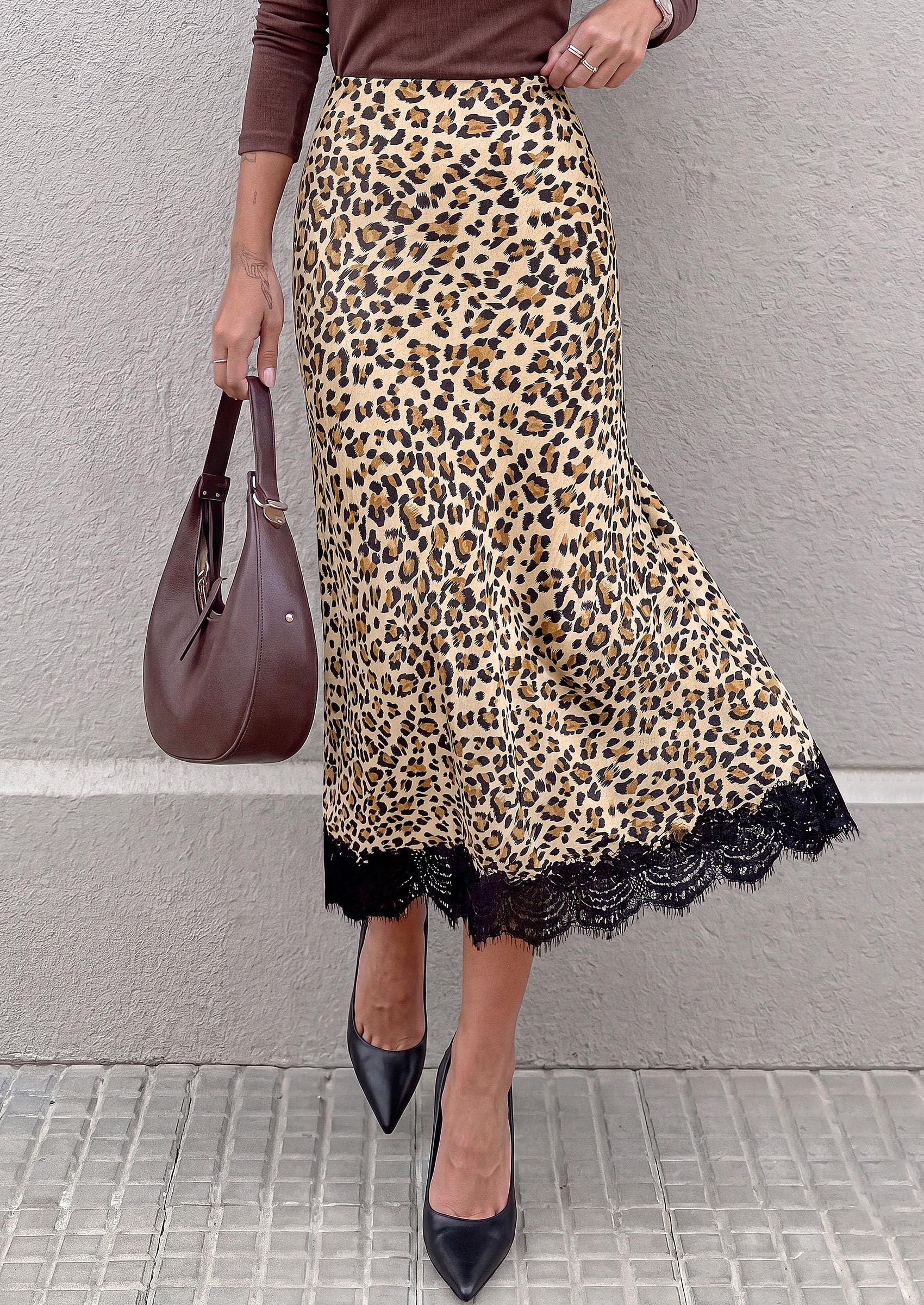 Women's Polka Dot Satin Skirt Fall Flowy Midi Leopard Skirts