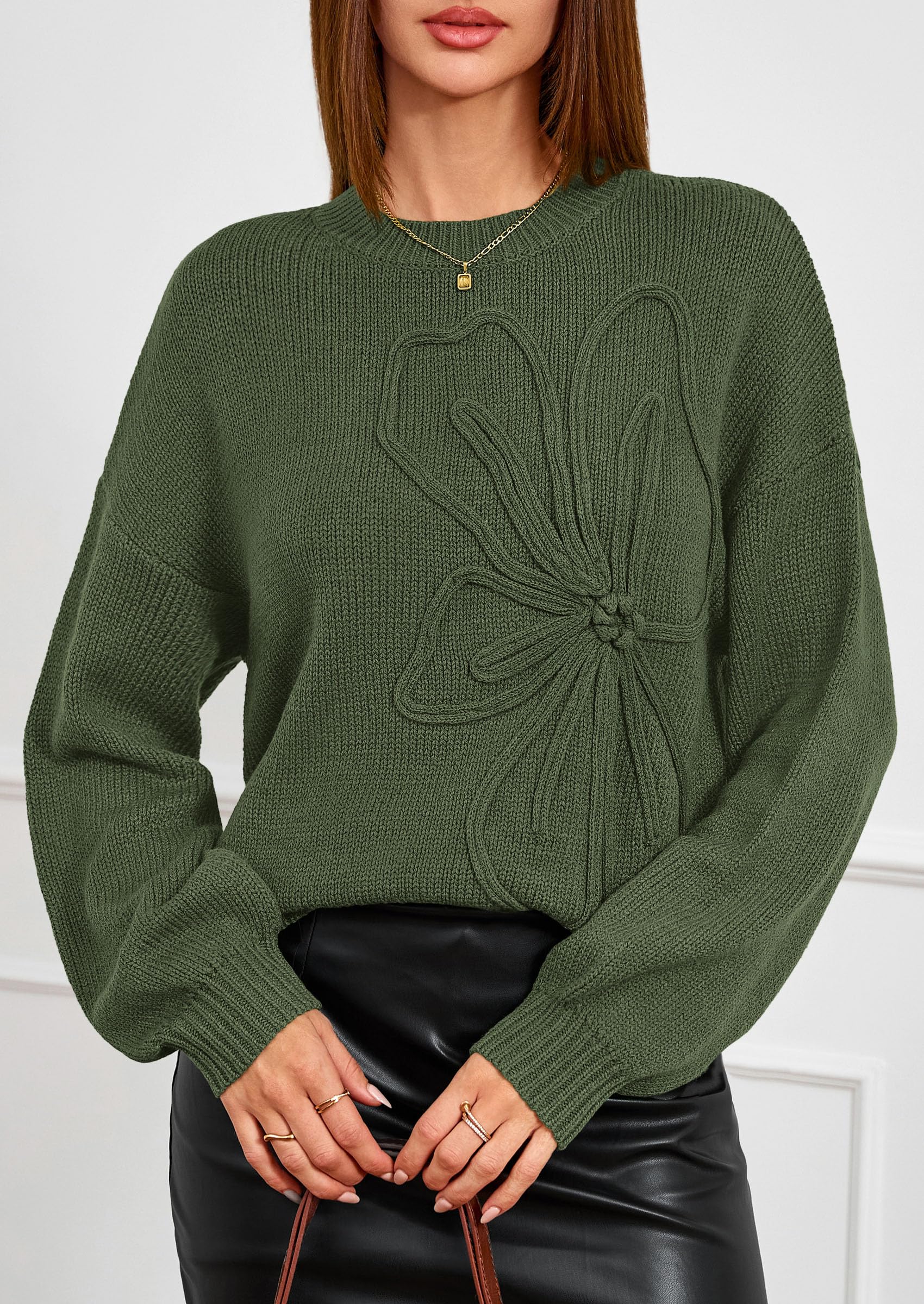 Women's Oversized 3D Floral Knit Sweater,Army Green,S