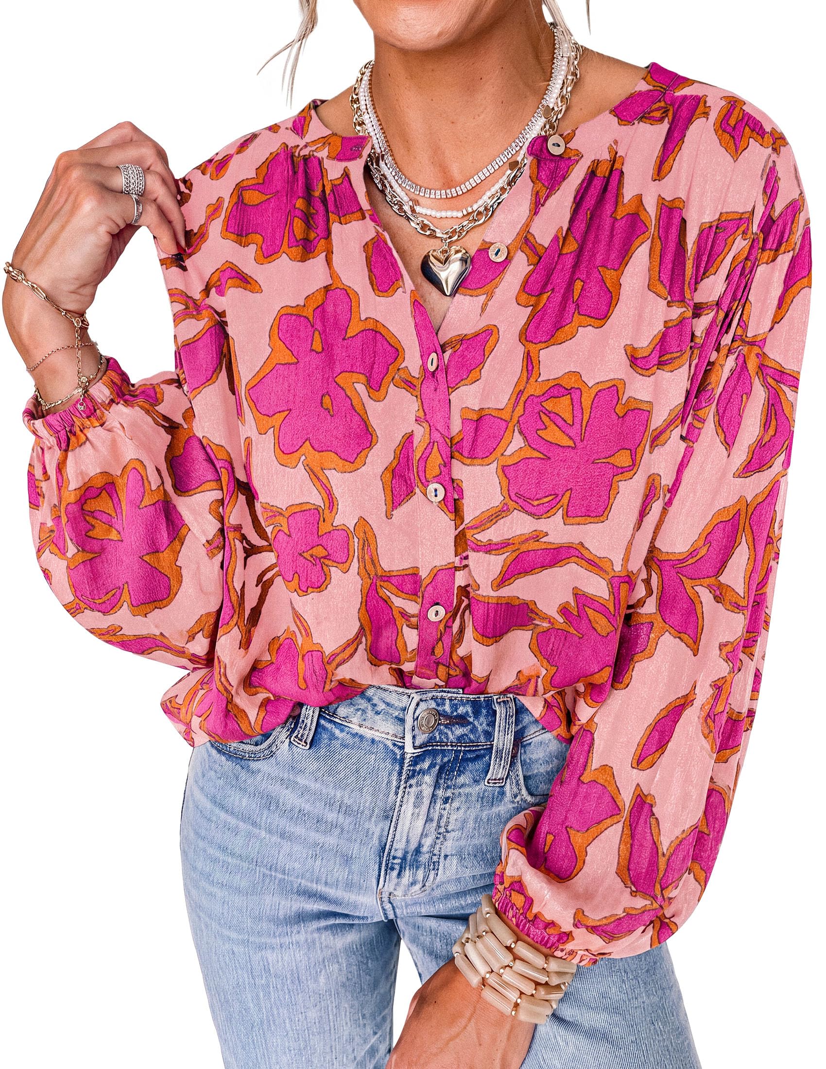 Women's Boho Tops Fall Long Sleeve Button Down Floral Blouses