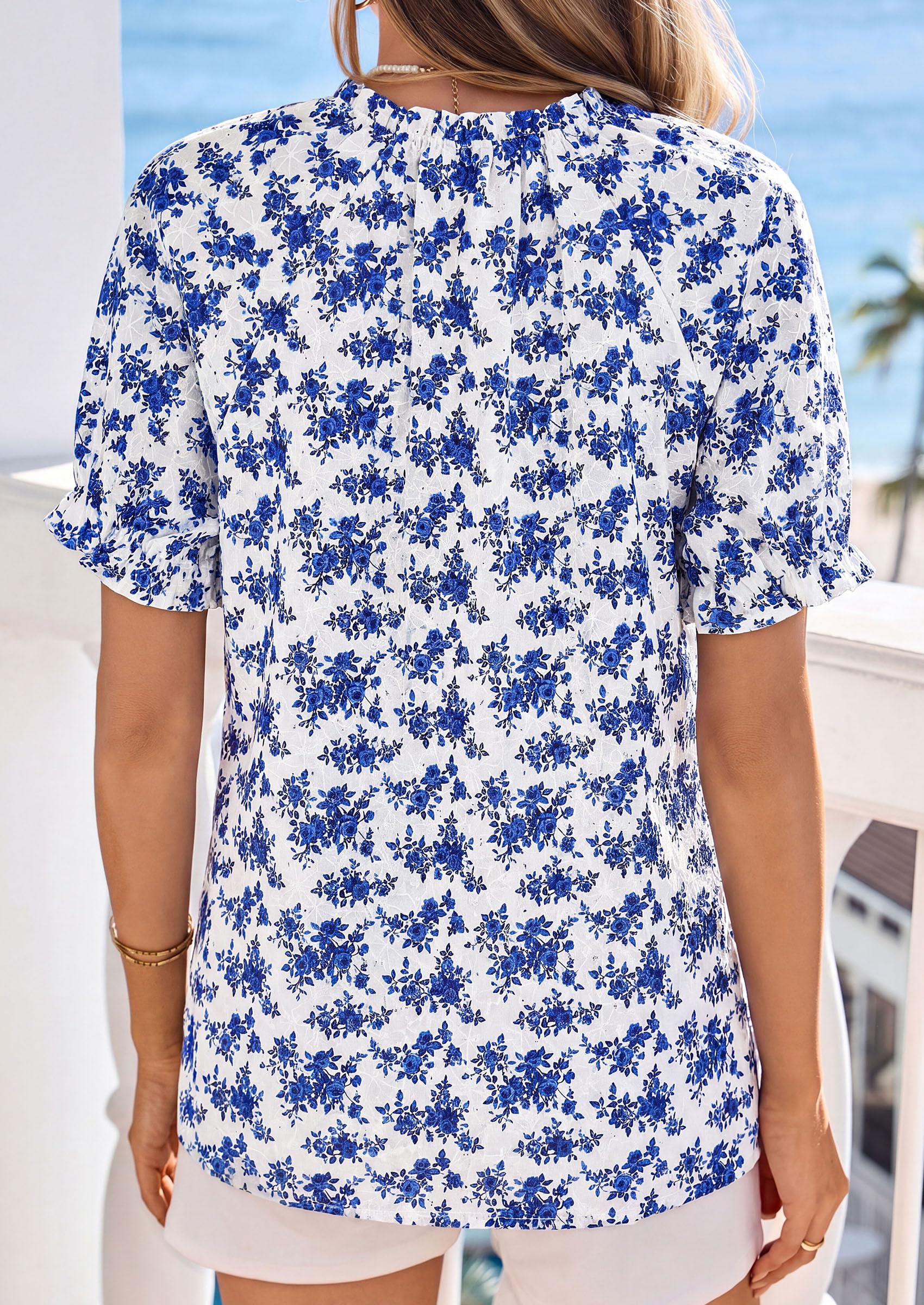 Womens Floral Short Sleeve Blouses,White Blue Flower,S