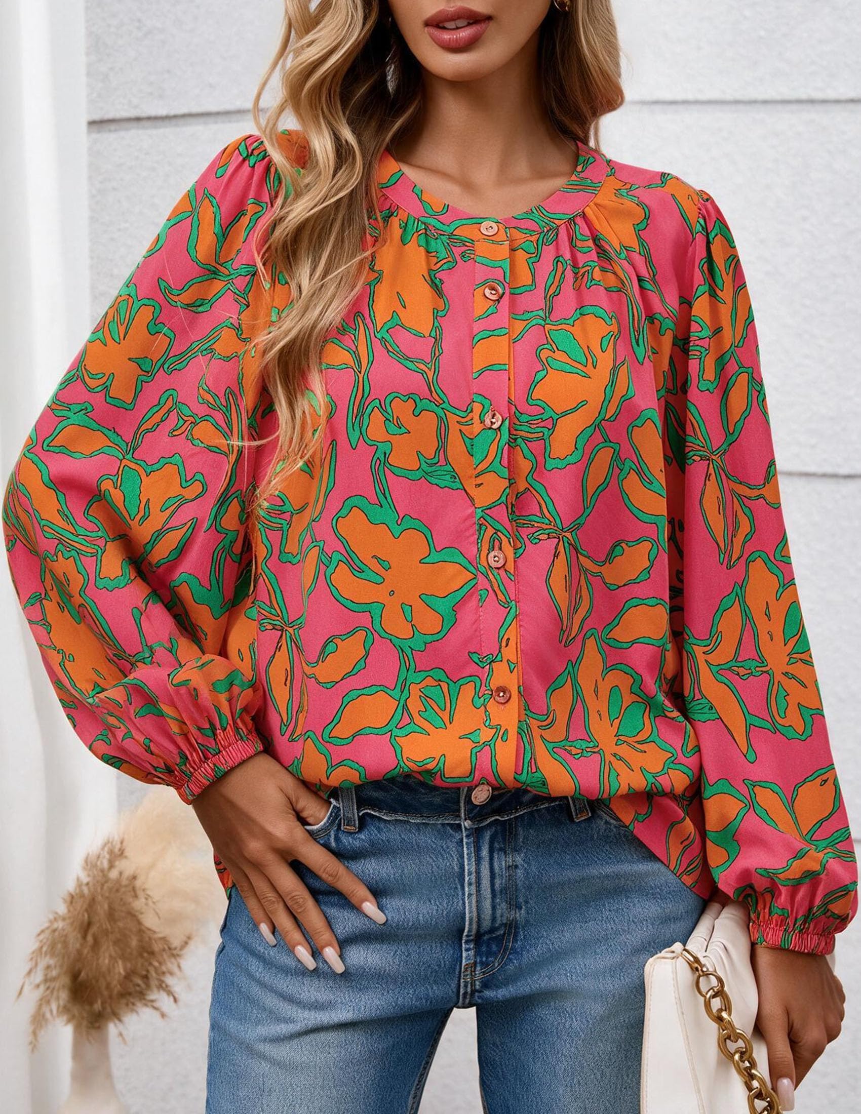 Women's Boho Tops Fall Long Sleeve Button Down Floral Blouses