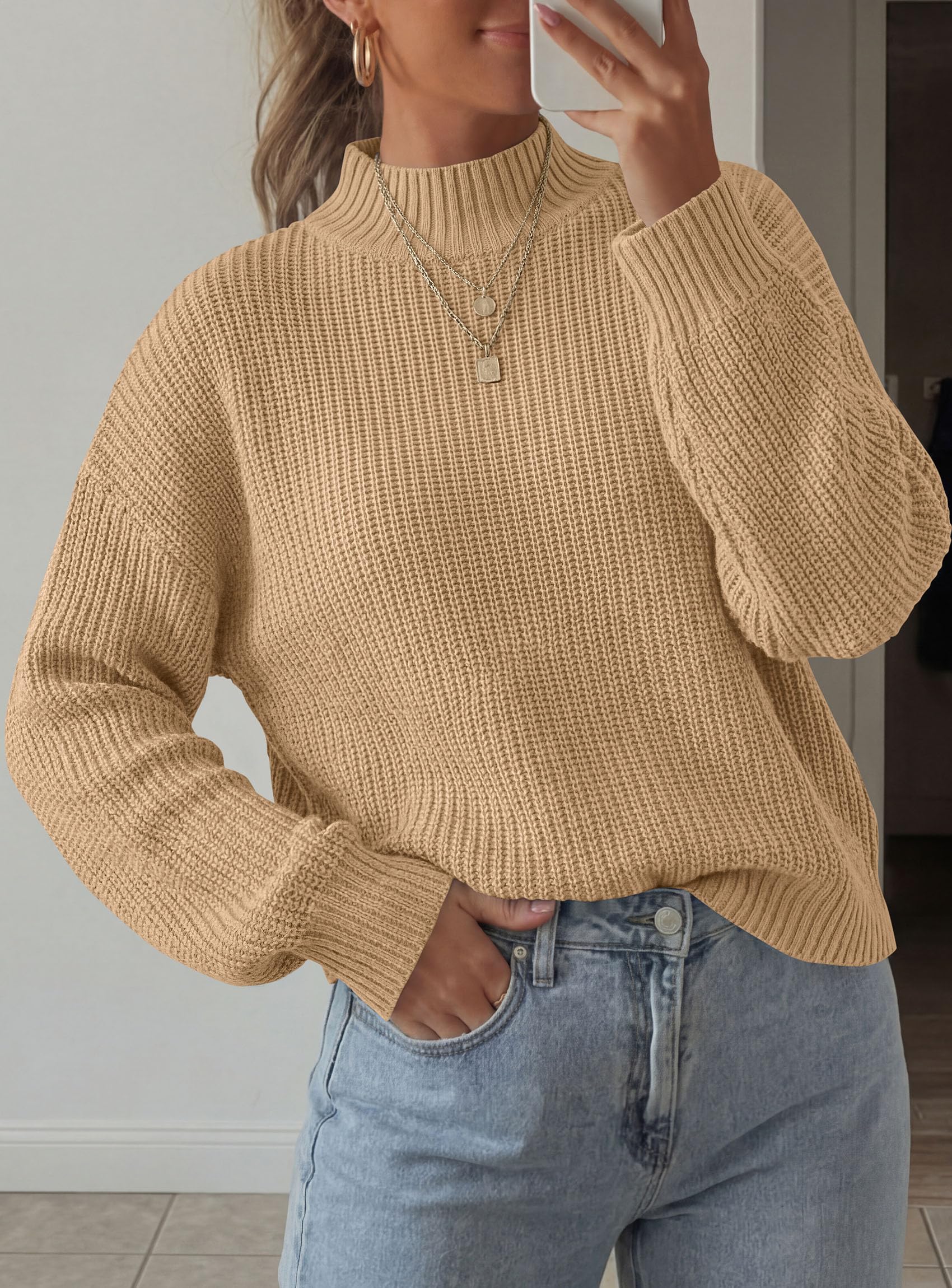 Women's Chunky Knit Fall Mock Turtleneck Pullover Sweaters