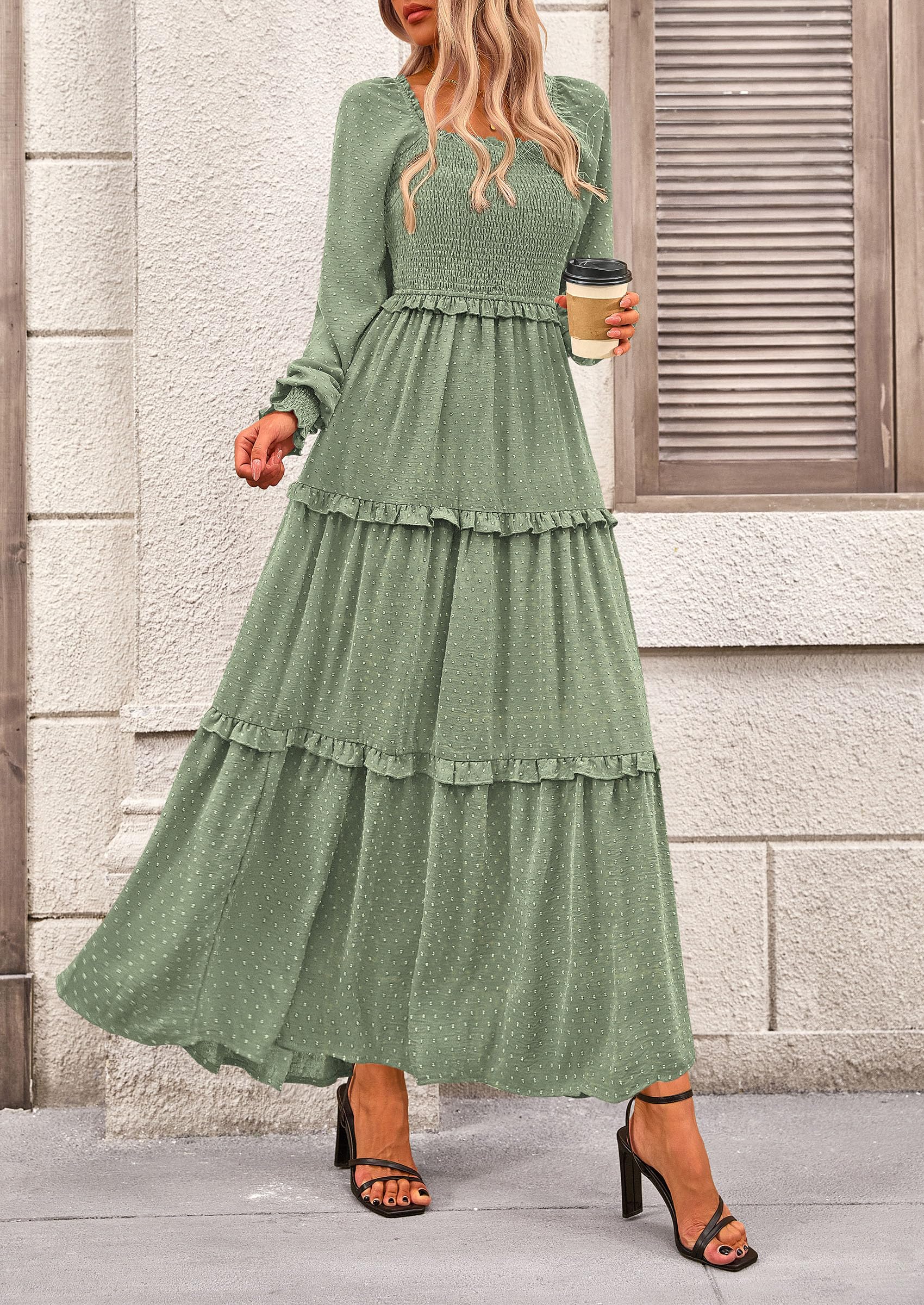 Women's Smocked Long Sleeve Maxi Dress Wedding Guest Dresses