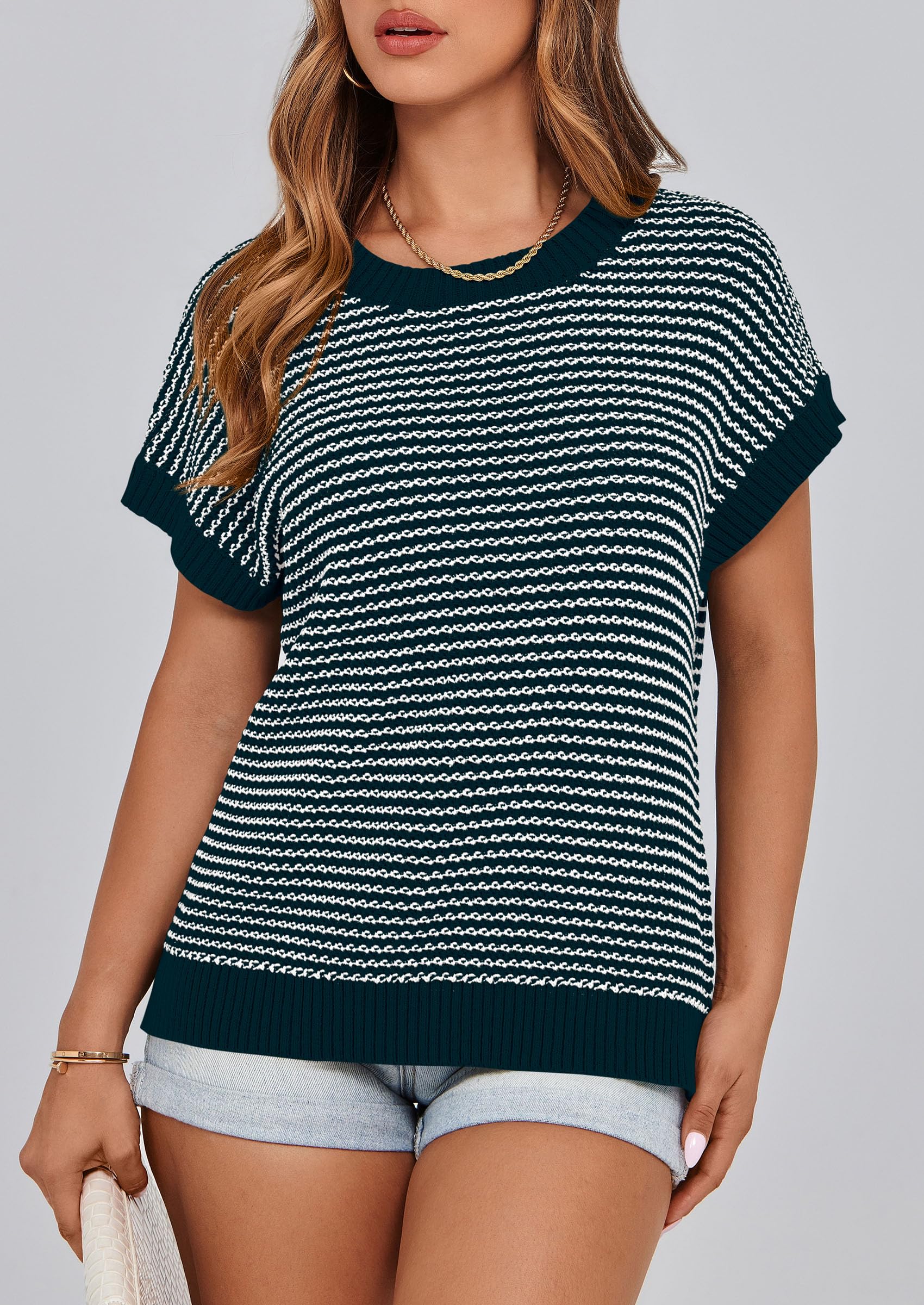 Women's Striped Short Sleeve Sweater Vest Malachite Green,L