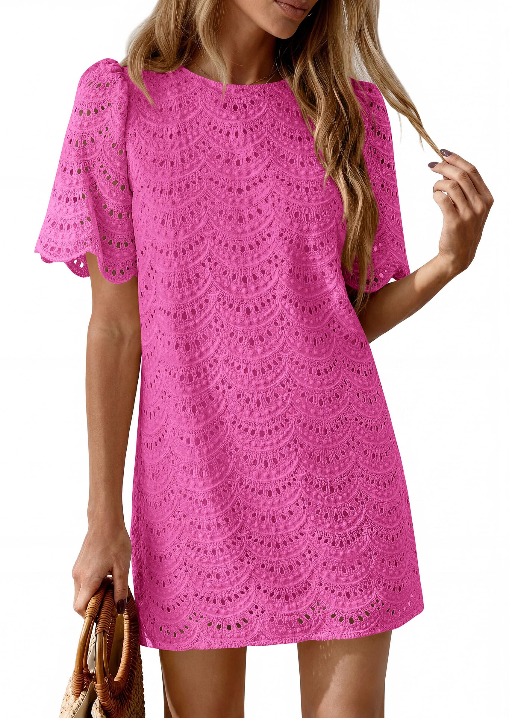 Women's Summer Eyelet Lace Short Dress (Rose Red,S)