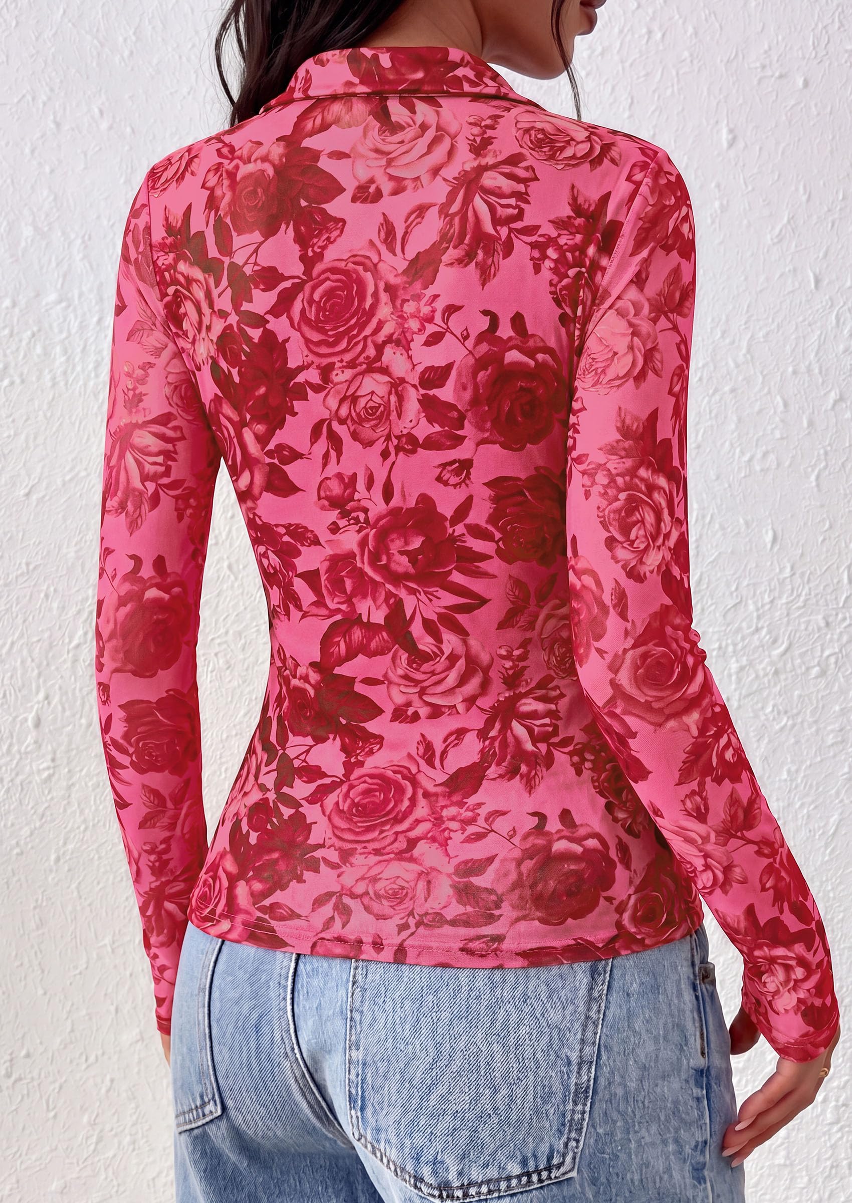 Women's Long Sleeve Boho Floral Mesh Tops Fall V Neck Blouses