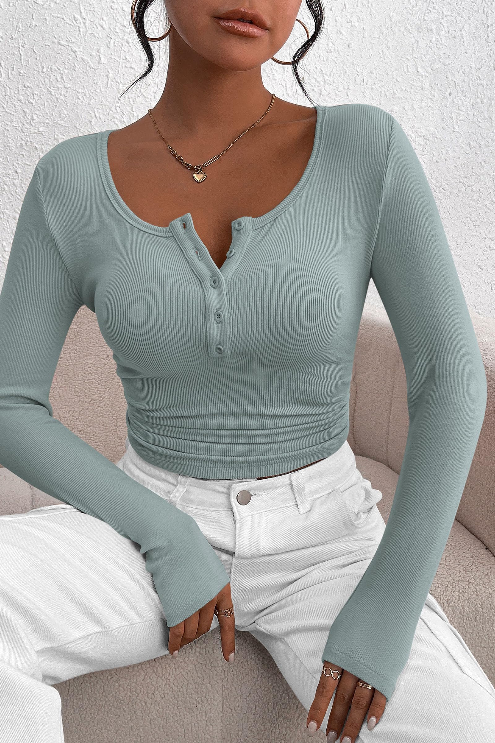 Women's Fall Long Sleeve Henley T Shirts Lake Blue