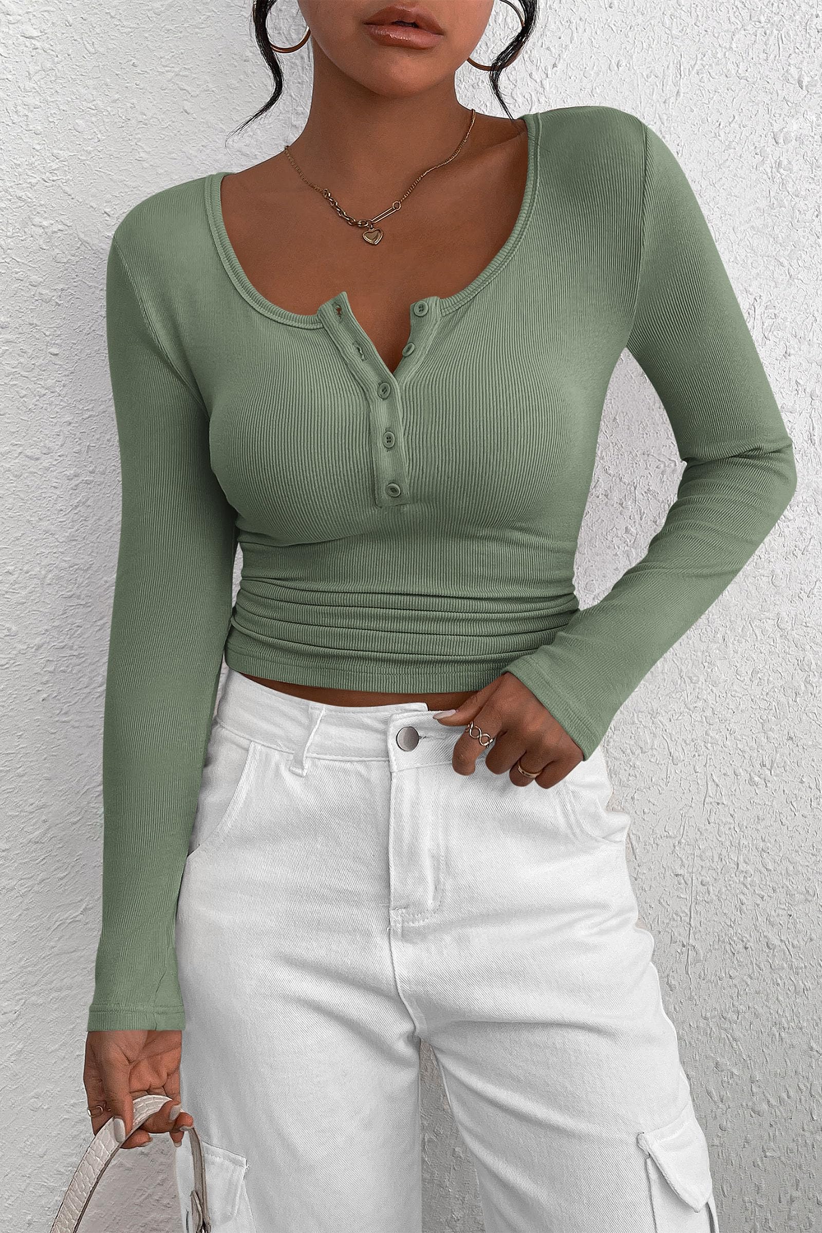 Women's Fall Long Sleeve Henley T Shirts Sage Green