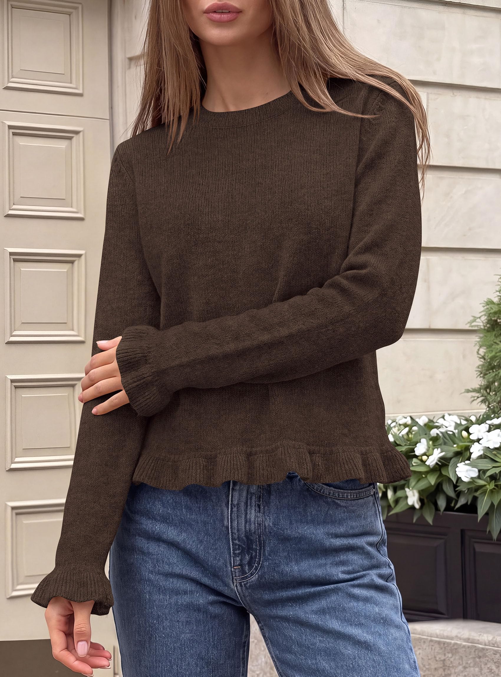 Women's Ruffle Sweaters Fall Fashion Cozy Knit Pullover Brown