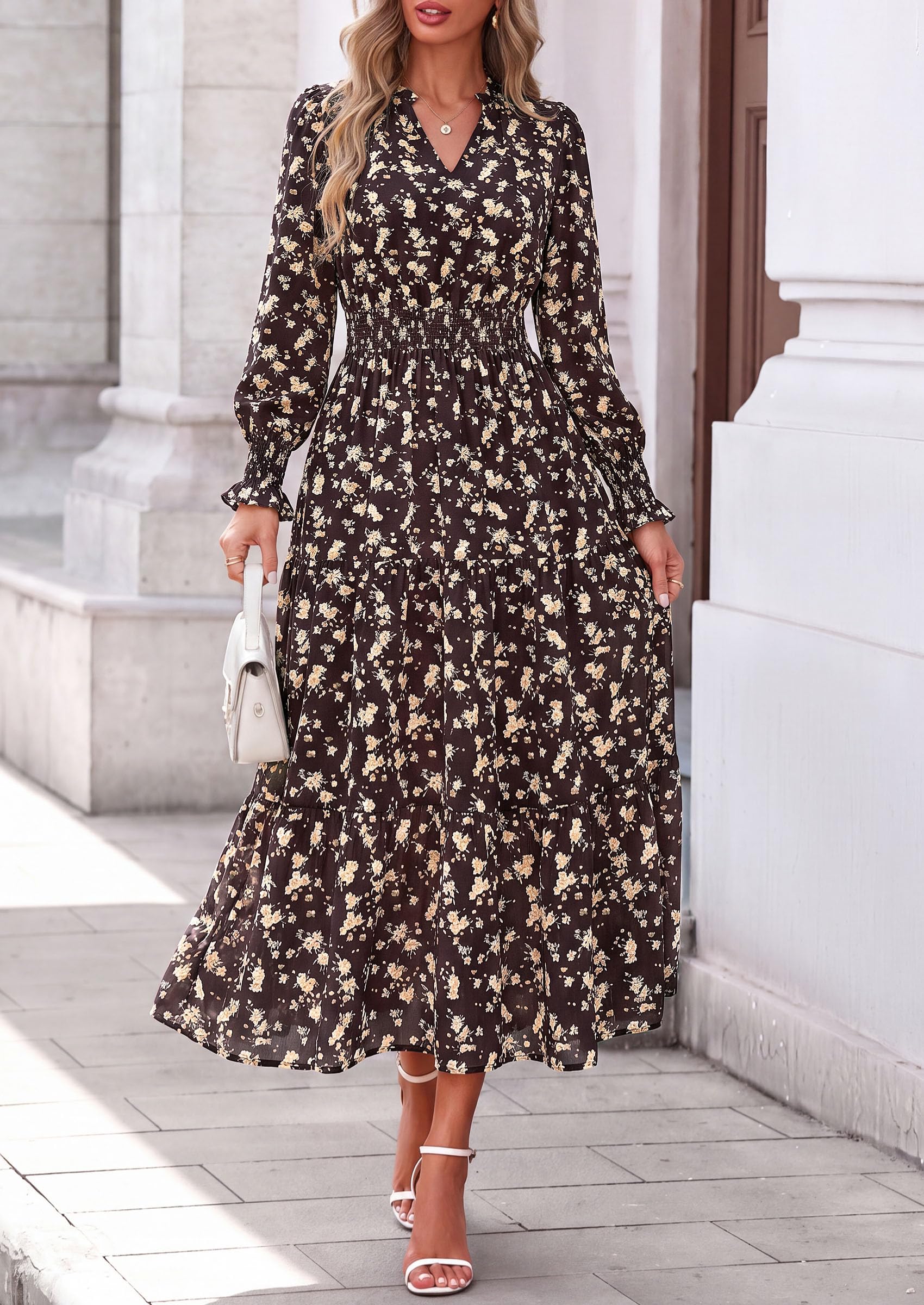 Women's Floral Maxi Dress Fall A Line Wedding Guest Dresses