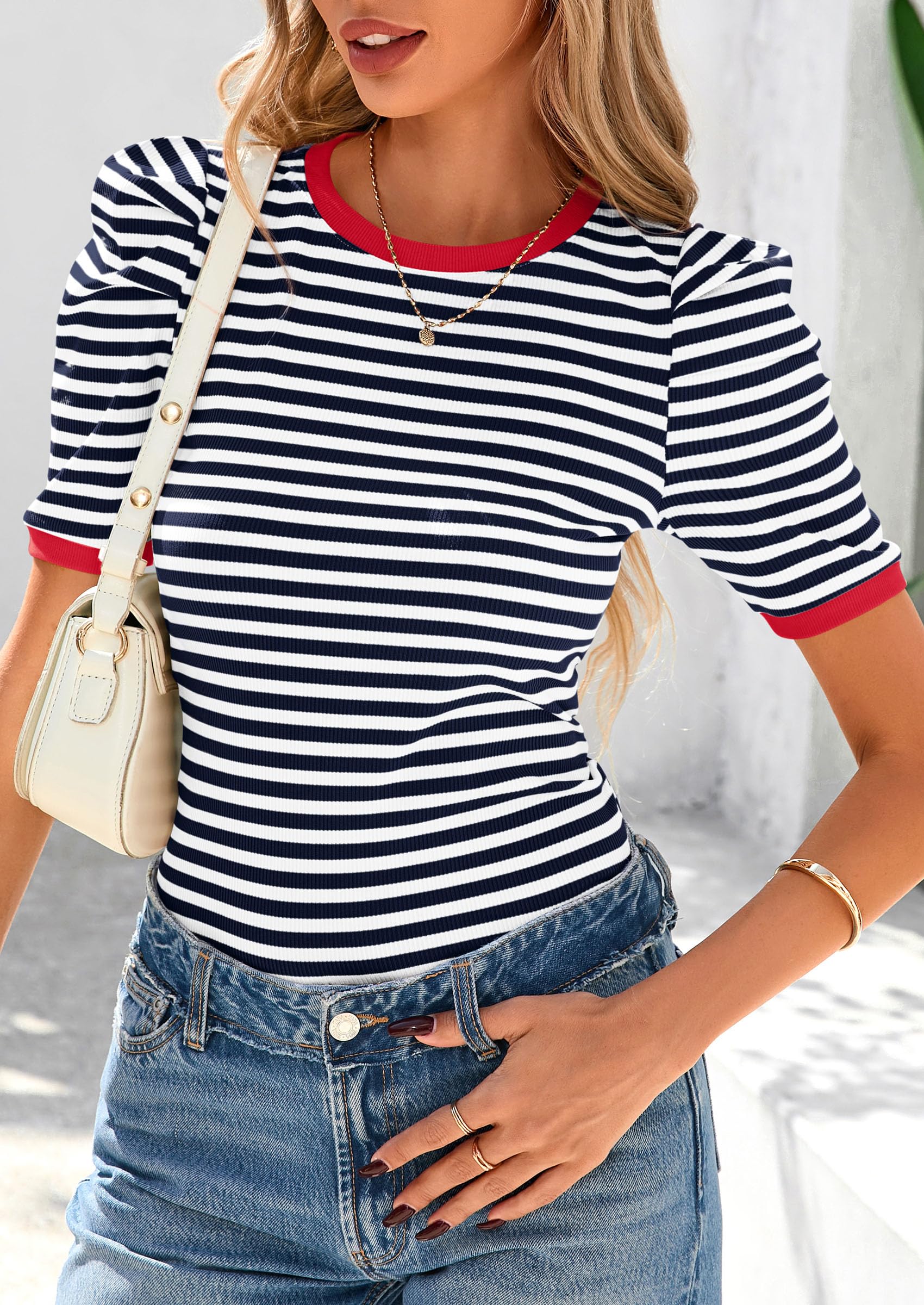 Ribbed Puff Short Sleeve Tops for Women Striped Shirt Navy,XS