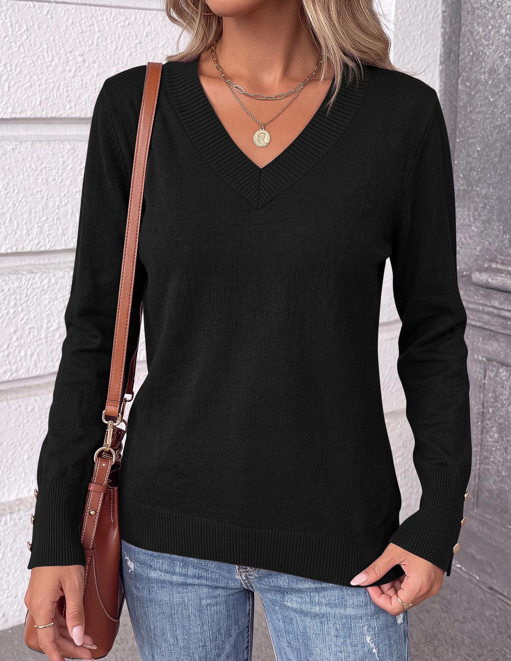 Fall Sweaters for Women V Neck Lightweight Pullover Top Black