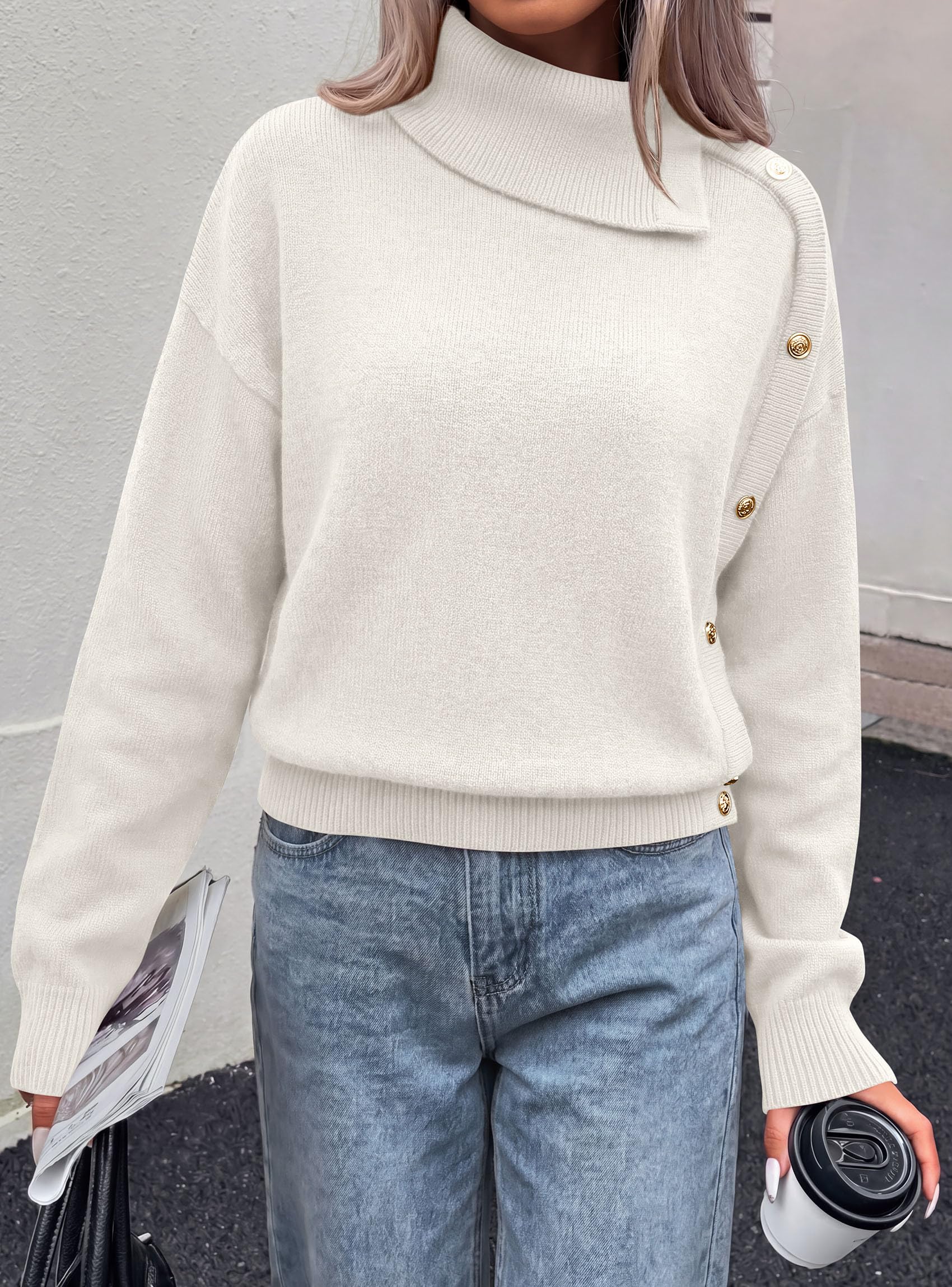Womens Turtleneck Sweater Pullover Side Button Fall Clothes