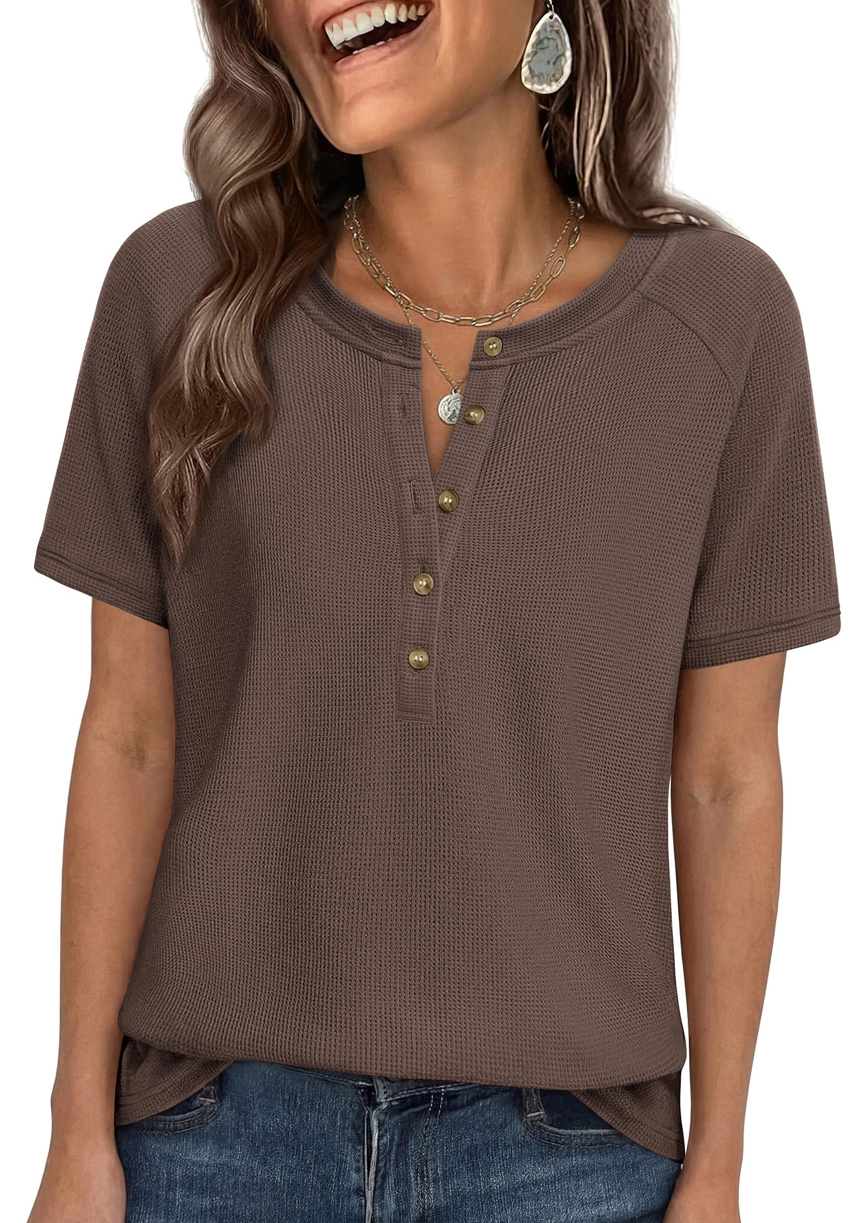 Women's Short Sleeve Waffle Knit Henley Shirts, Coffee,S