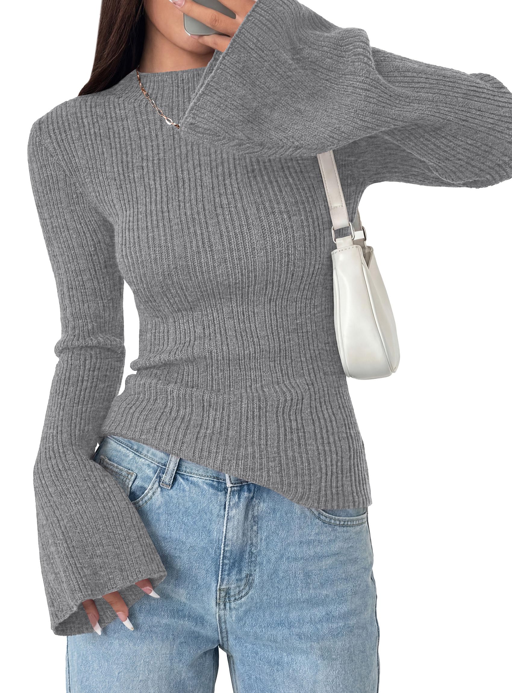 Womens Bell Long Sleeve Tops Mock Neck Sweaters,Grey,S