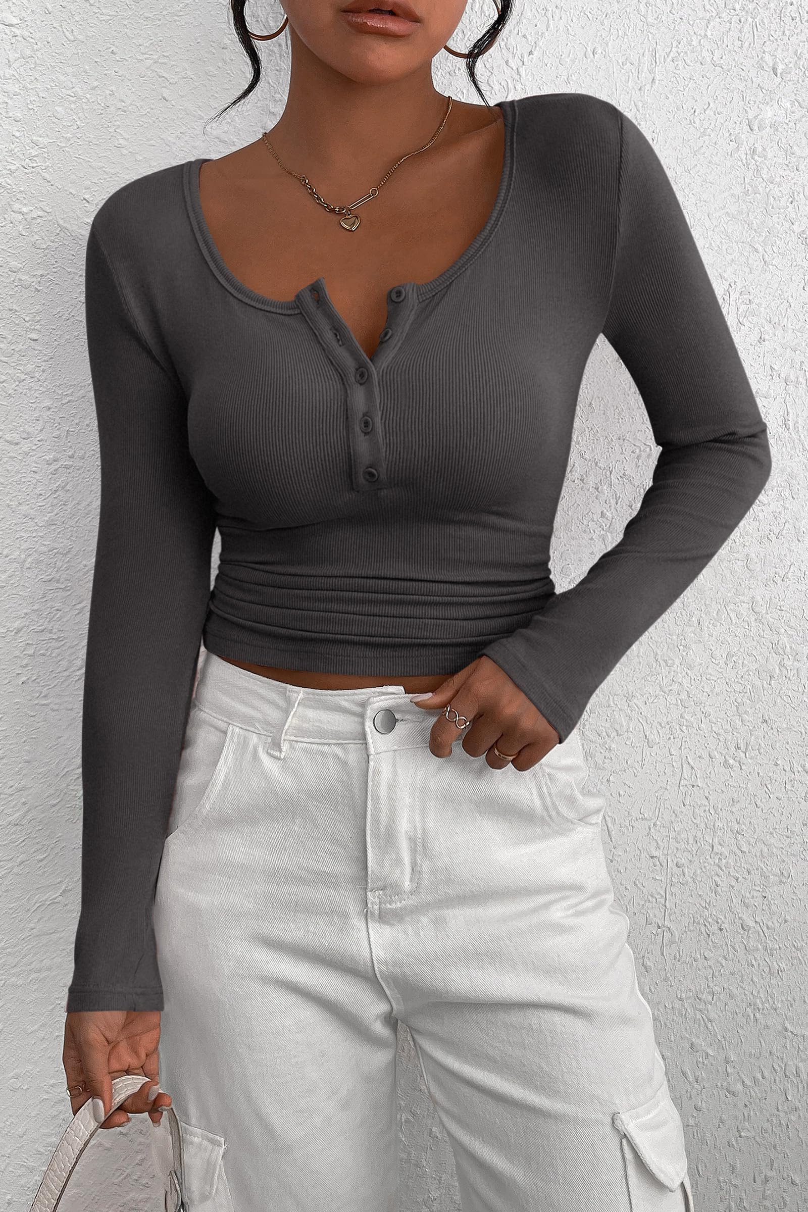 Women's Fall Long Sleeve Henley T Shirts Dark Grey