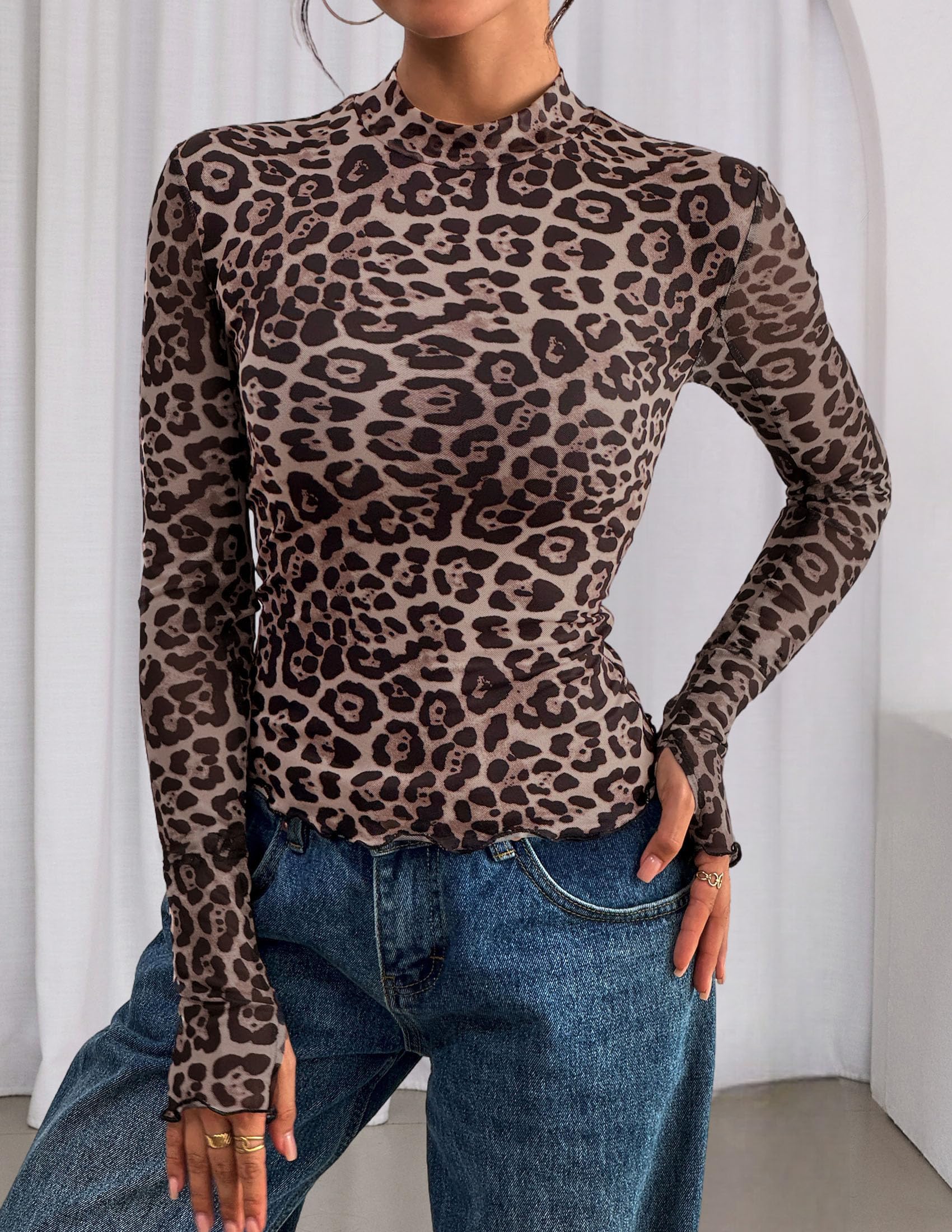Womens Floral Mesh Long Sleeve Tops Fall Slim Fitted Shirts