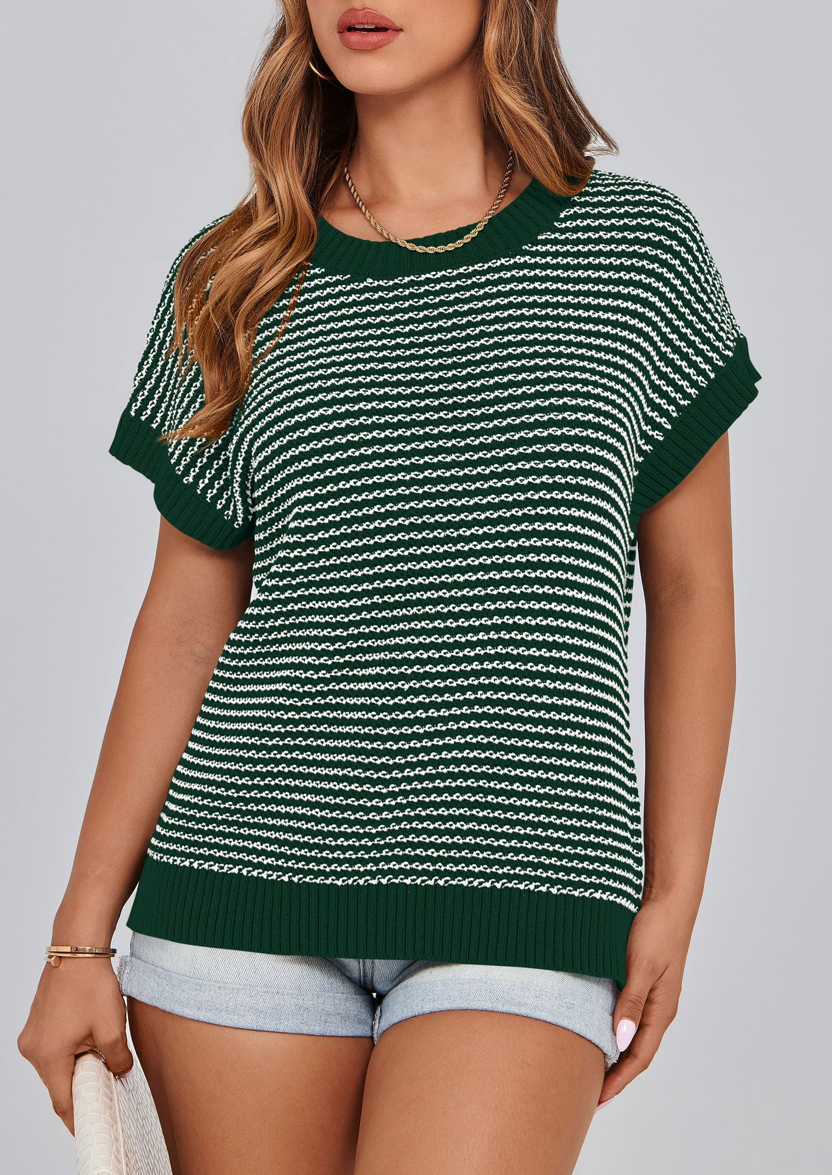 Women's Striped Short Sleeve Sweater Vest Dark Green,S