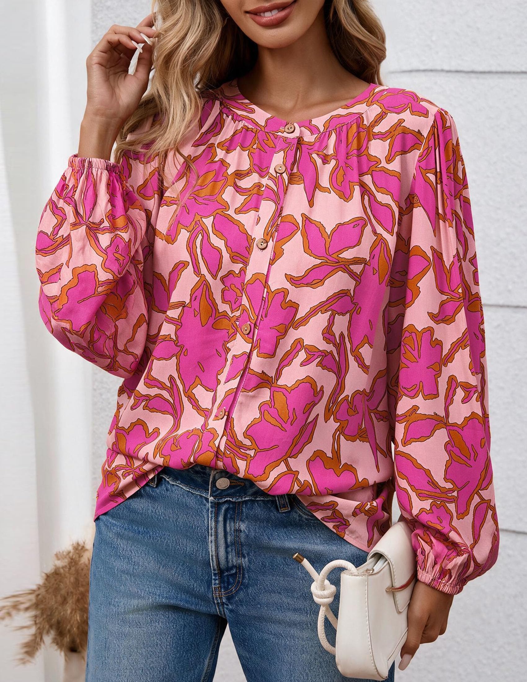 Women's Boho Tops Fall Long Sleeve Button Down Floral Blouses