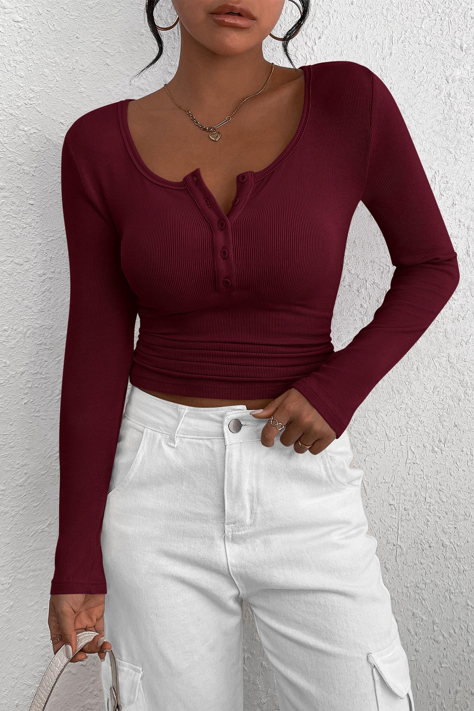 Women's Fall Long Sleeve Henley T Shirts Wine Red